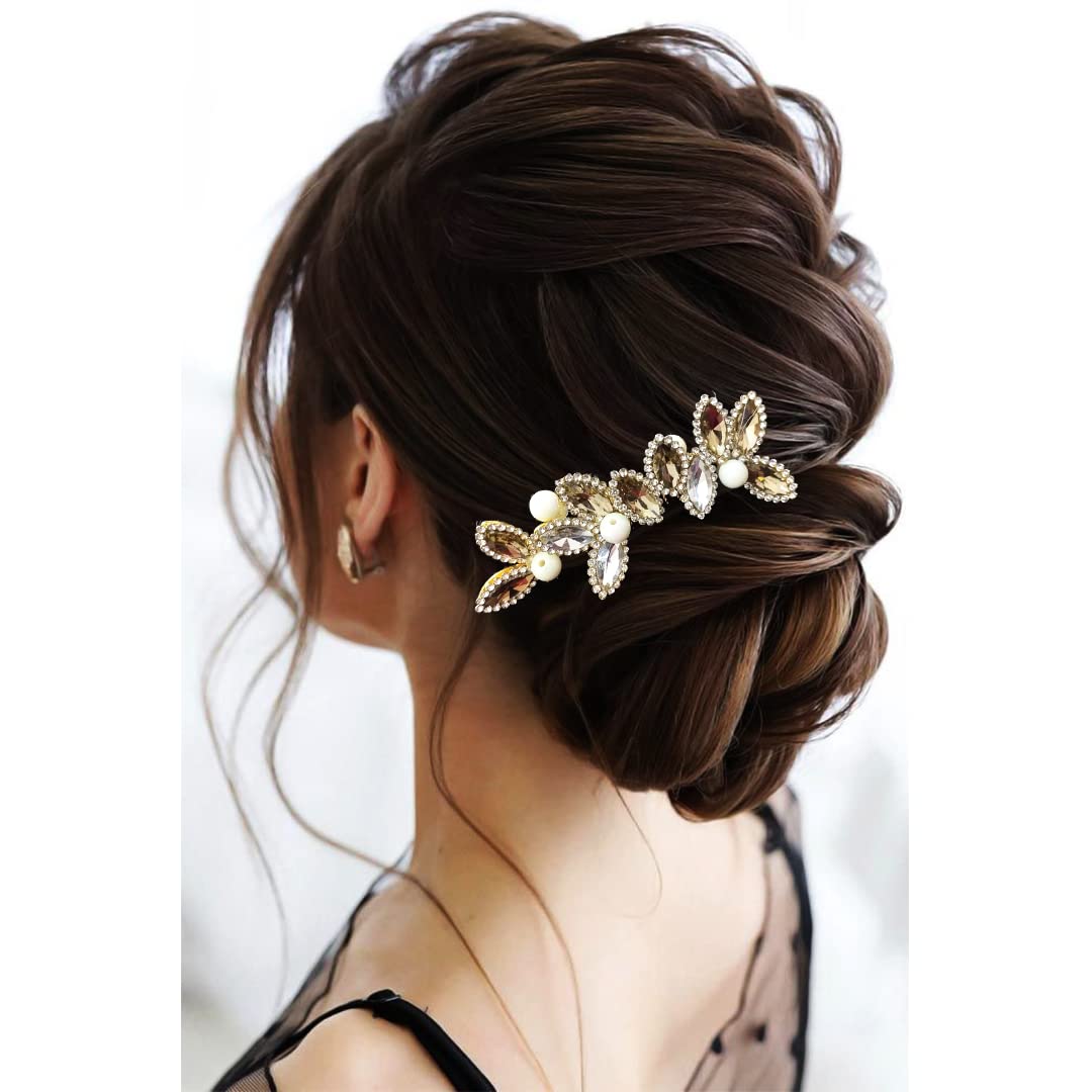 Elegant Golden Hair Comb Slide with Stone and Pearl - Women's Bridal Hair Accessories for Weddings, Prom, and Special Occasions