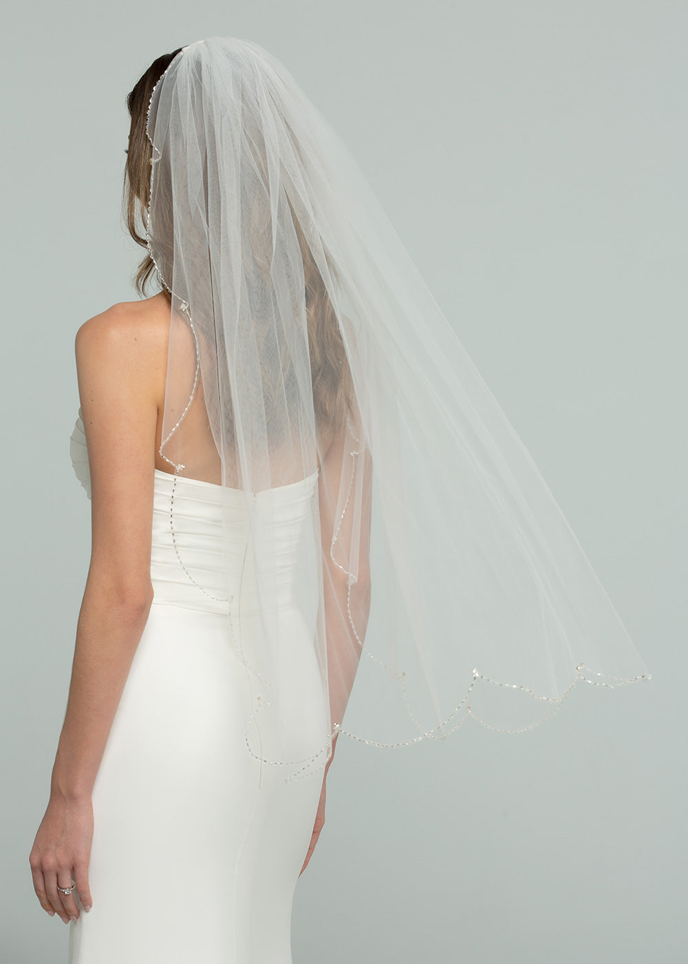 Elegant V1025 Fingertip Wedding Veil with Delicate Beading - Perfect for Bridal Gowns, Formal Dances & Special Occasions