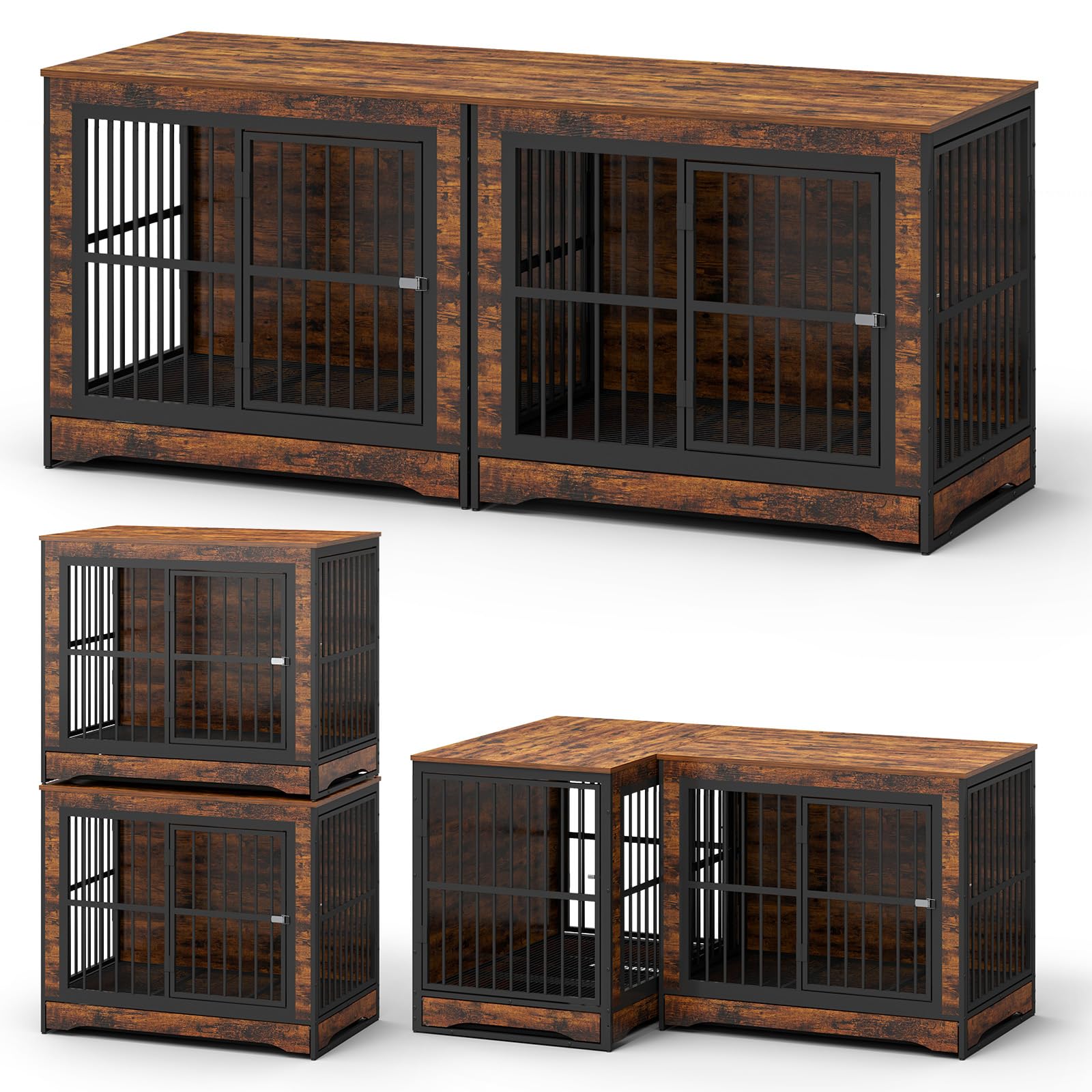 75 Inch Double Dog Crate Furniture with Divider - 4-in-1 Convertible Large Dog Kennel with Removable Trays - Rustic Brown Corner Pet Crate for Small, Medium & Large Dogs - Perfect for Living Room, Bedroom or Home Office