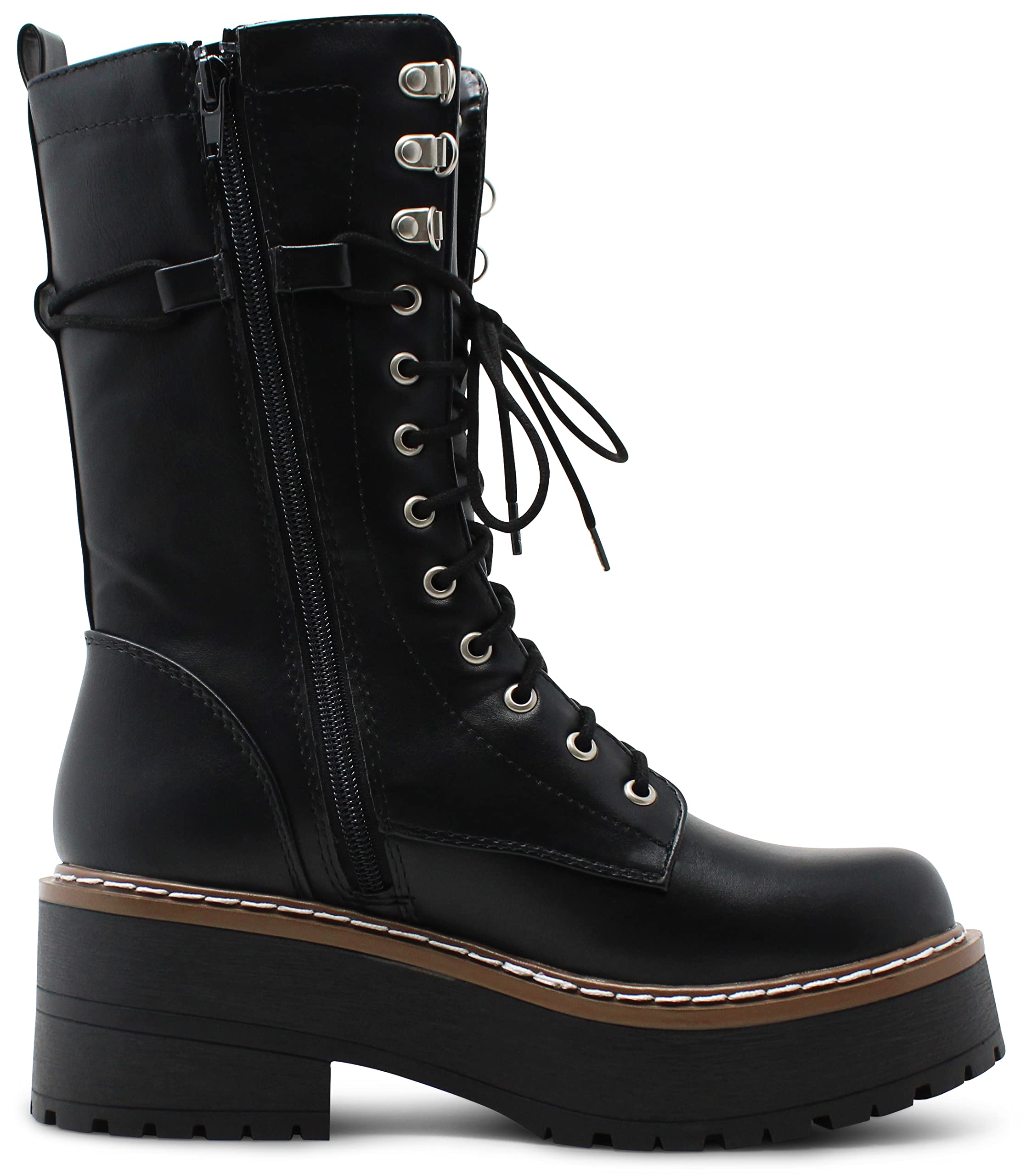 Women's Chunky Heel Combat Boots - Round Toe Mid-Calf Lace Up Boots for Women | Fashionable & Comfortable for Everyday Wear, Street Style & Fall Outfits