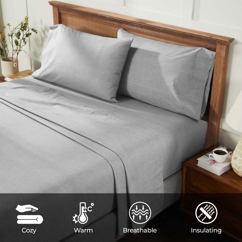 Premium Melange Flannel Cotton Two-Toned Brushed Deep Pocket Sheet Set - Ultra Soft & Cozy for Winter Nights, Perfect for Bedroom Comfort & Warmth