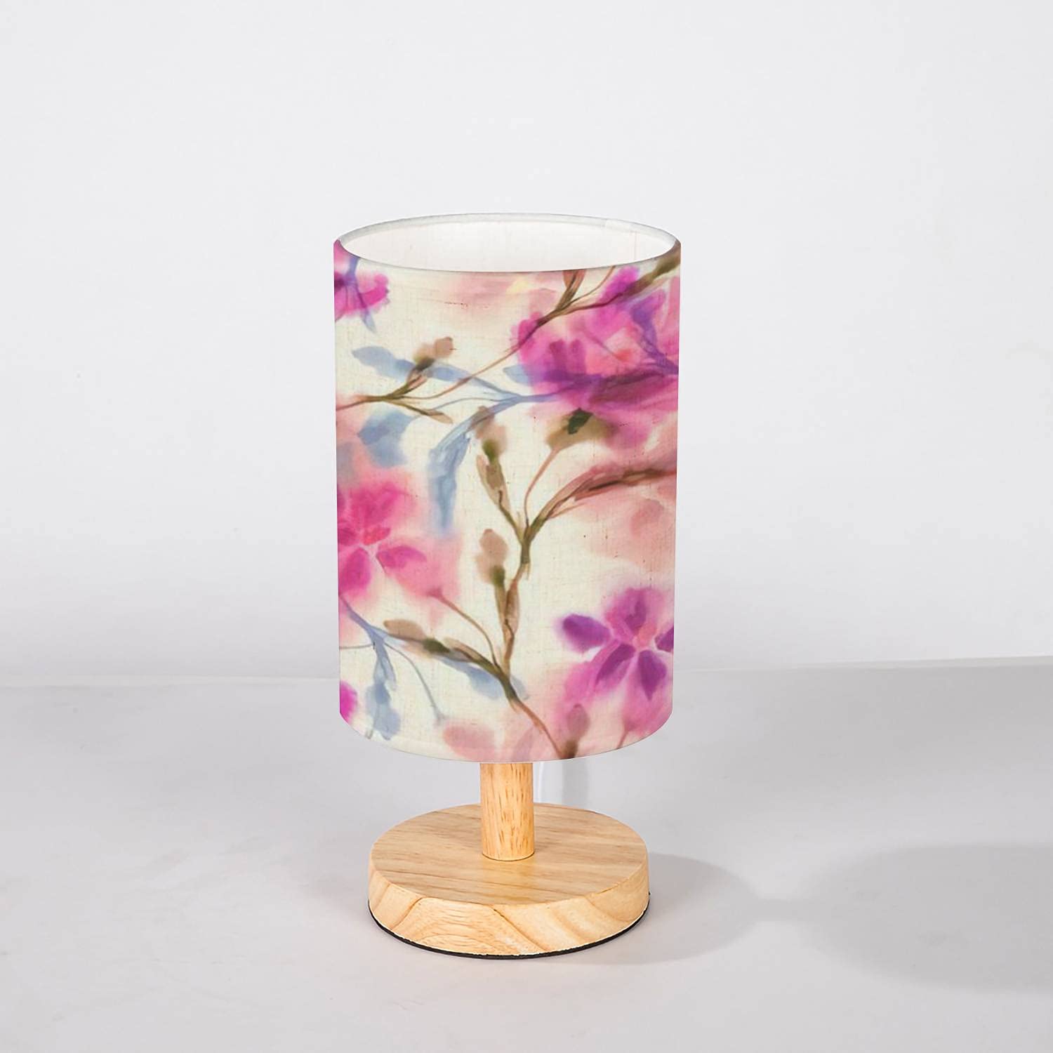 Minimalist Solid Wood Nightstand Lamp with Hand-Painted Watercolor Flowers - Flaxen Fabric Shade for Bedroom, Living Room, Office | Perfect for Reading, Relaxing & Home Decor