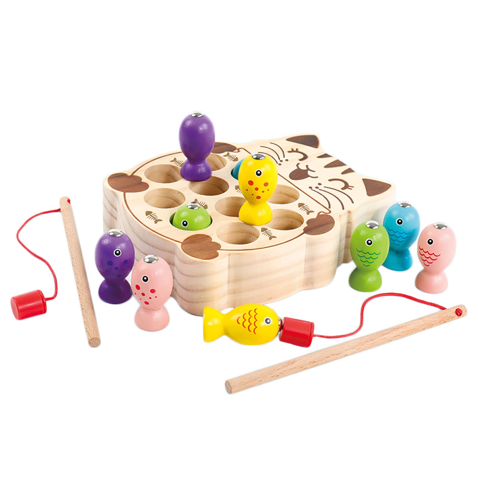 KUSARKO Magnetic Wooden Fishing Game for Toddlers - Montessori Preschool Learning Toy for Fine Motor Skills & Hand-Eye Coordination - Perfect Kids Gift for Birthday & Christmas (Cat-Fishing Game) | Fun Indoor Activity & Early Childhood Education Tool