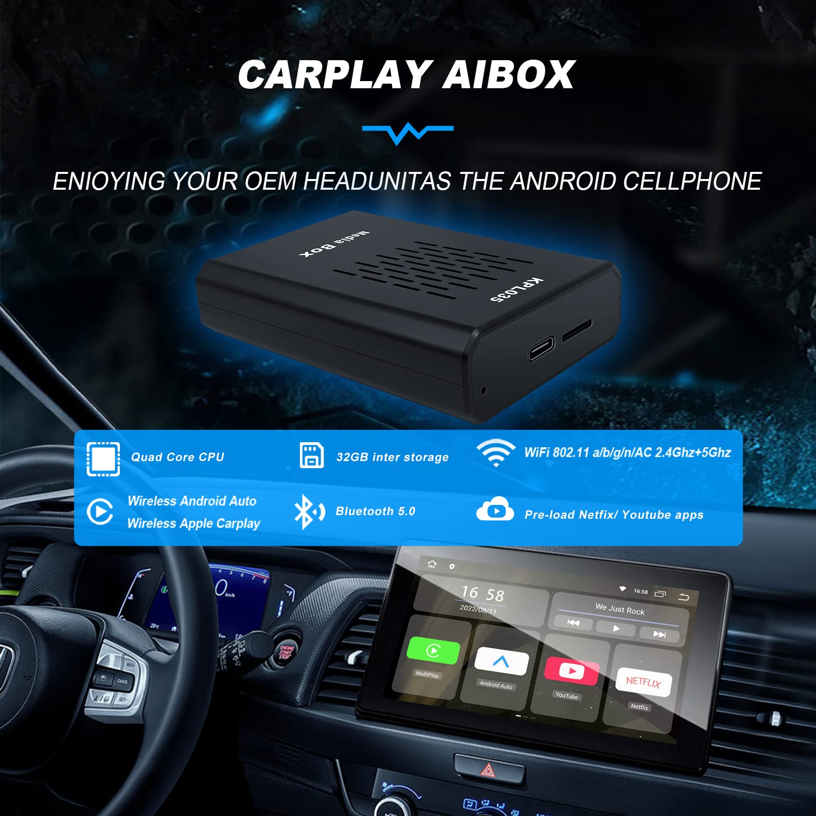 EZoneTronics Wireless CarPlay Adapter for Factory Wired Cars - Convert to Wireless CarPlay & Android Auto, Quad Core 2+32GB Android 11 Multimedia Player | Seamless Connectivity for BMW, Mercedes, Audi & More | Perfect for Commuting, Road Trips & Hands-Free Driving