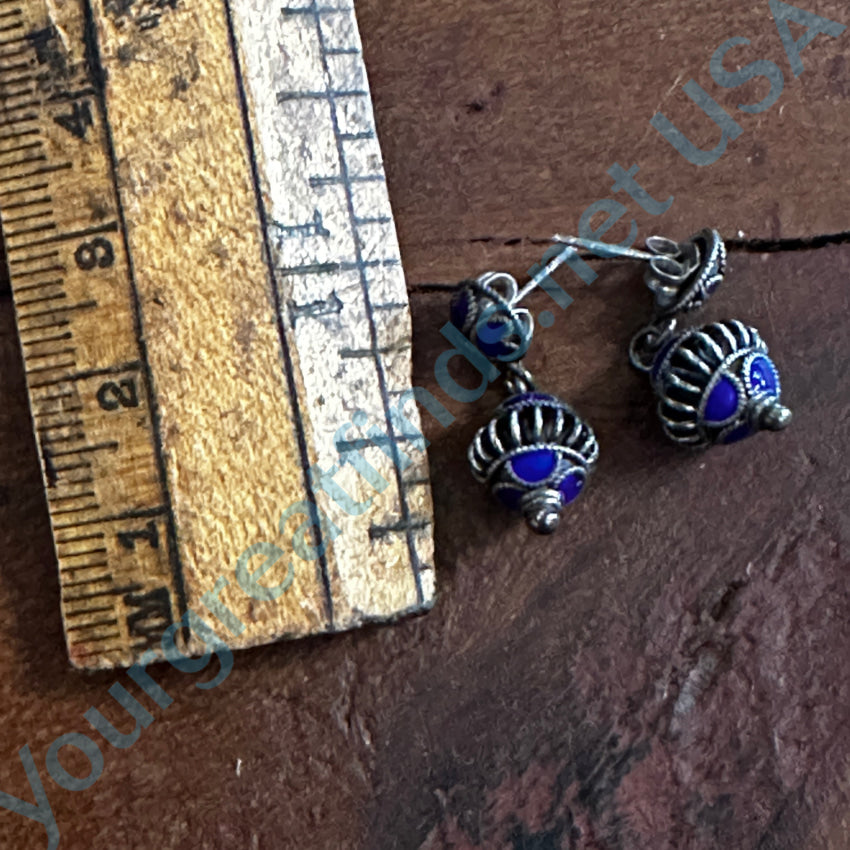 Vintage Sterling Silver & Indigo Enamel Canetille Pierced Post Earrings for Women - Handmade Bohemian Jewelry - Perfect for Parties, Weddings & Special Occasions