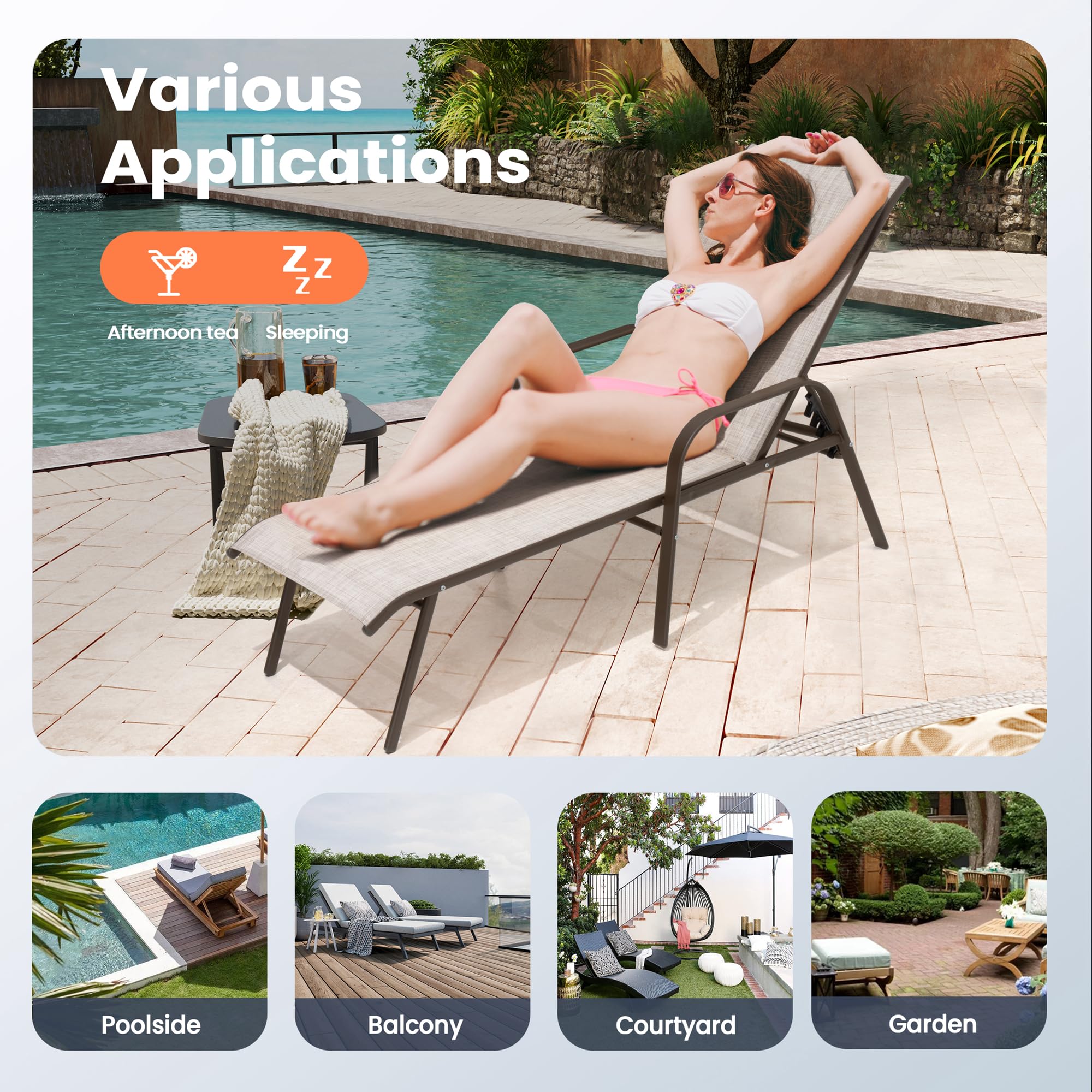 Adjustable Patio Chaise Lounge Chair - 5-Position Steel Folding Outdoor Recliner for Beach, Pool, Yard & Garden - 2-Piece Set in Beige - Perfect for Sunbathing, Relaxing by the Poolside or Backyard Lounging