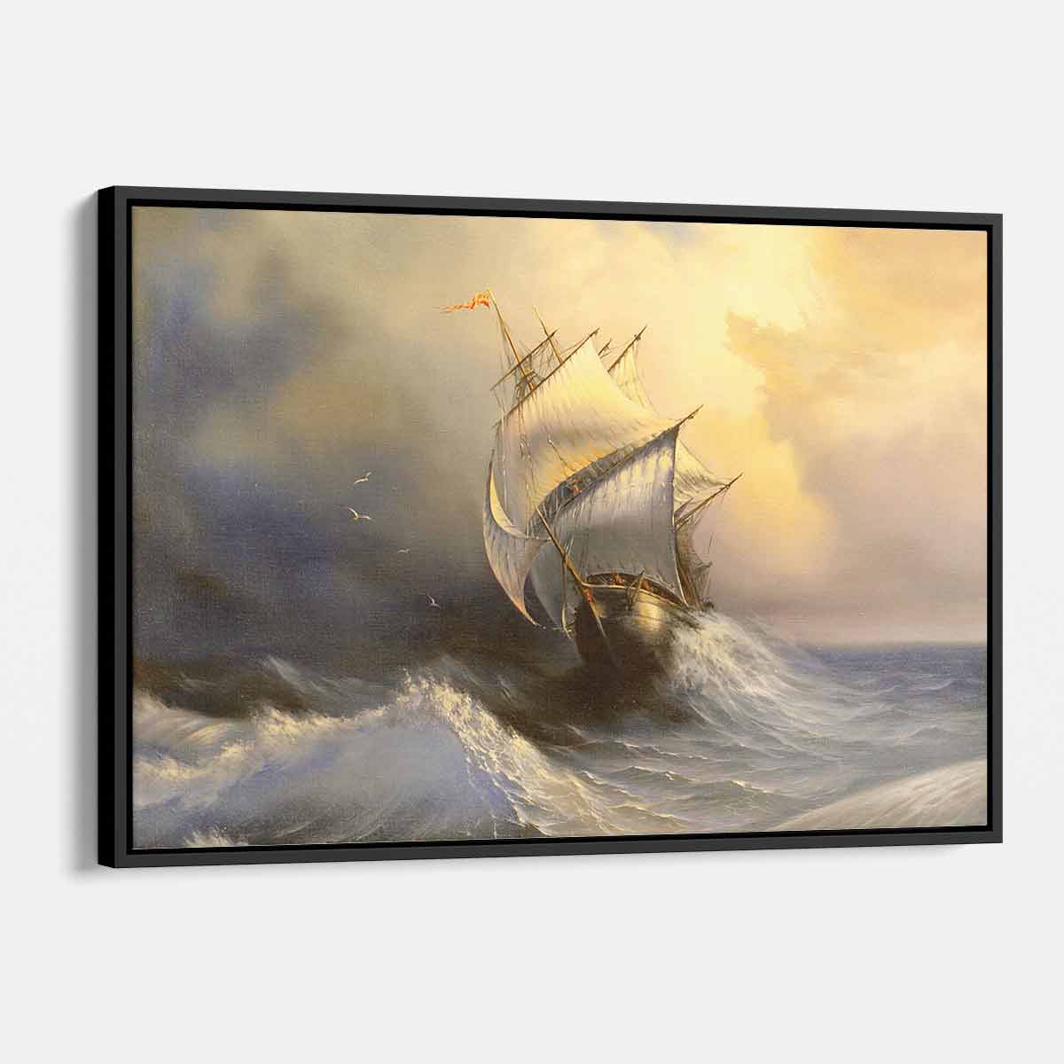 Yellow Vessel at Storm Wall Art Canvas Print - Modern Abstract Seascape Painting for Living Room, Bedroom & Office Decor