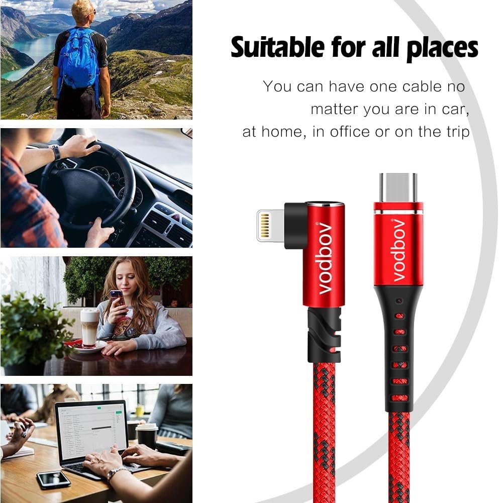 2-Pack 6ft & 10ft 90 Degree USB C to Lightning Cable - Fast Charging & Data Sync Braided Nylon Cord for iPhone 14/13/12/11/X/8, iPad Pro/Air/Mini - Durable Right Angle Charger for Bedside, Car & Travel Use (iOS Compatible)