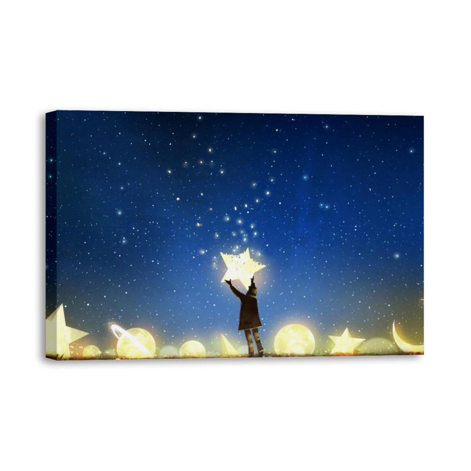 Modern Framed Canvas Wall Art - Young Boy Standing Among Glowing Planets Holding a Star, Single Panel Space Themed Painting for Living Room, Bedroom, Bathroom Decor | Perfect for Nursery, Kids Room & Space Enthusiasts