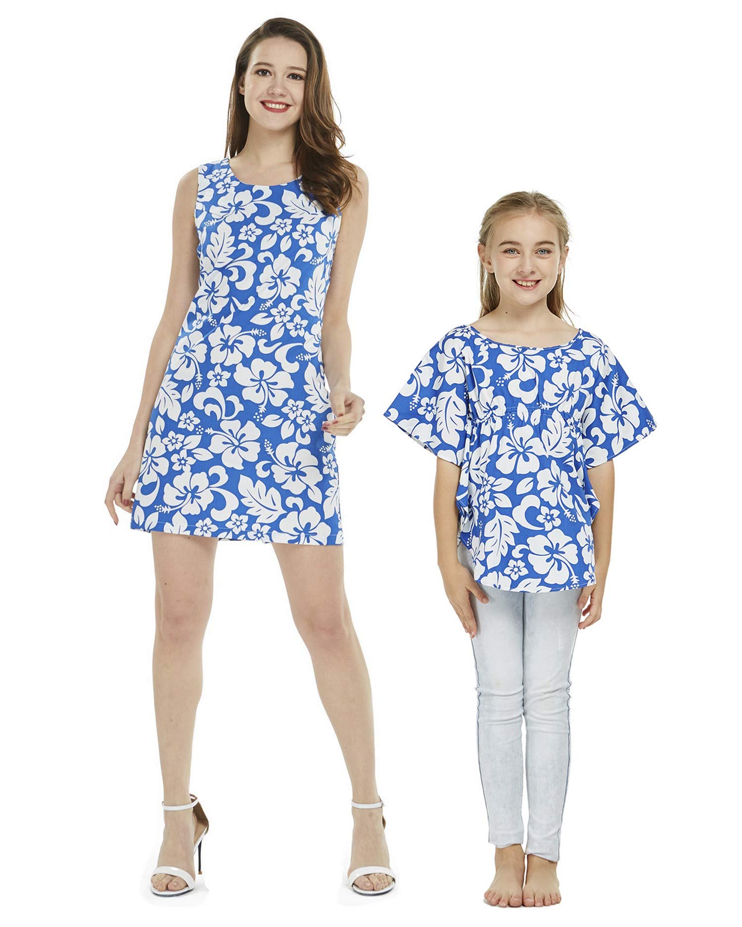 Vintage Tropical Toile Hawaiian Luau Matching Mother Daughter Dress & Poncho Set - Perfect for Beach Parties, Family Photos, and Summer Vacations