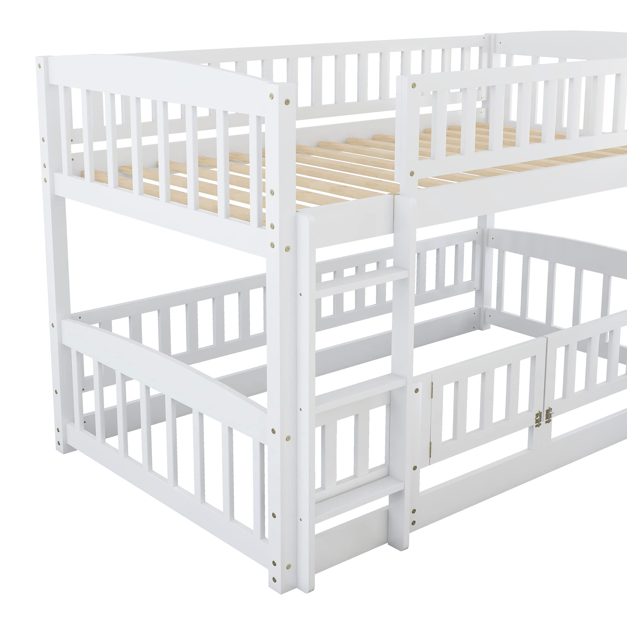 LZ LEISURE ZONE Twin Over Twin Bunk Bed with Slide - Wooden Low Bunk Bed Frame with Safety Fence & Ladder - Space-Saving Kids Bedroom Furniture (White) - Perfect for Small Rooms, Shared Kids' Bedrooms & Fun Play Areas