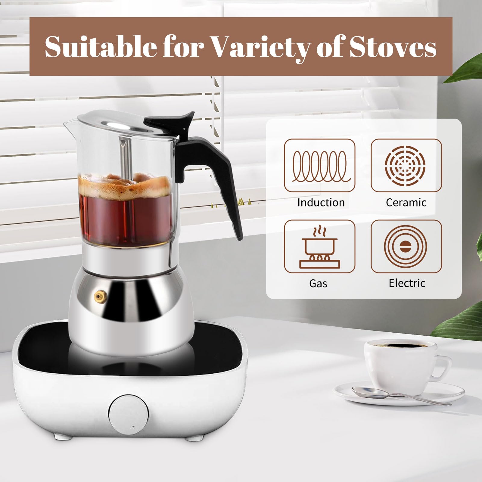 **Stainless Steel Induction Moka Pot - 300ml/10oz Italian Stovetop Espresso Maker with Crystal Glass Top & Safety Valve | Perfect for Home, Office & Camping Coffee Brewing**