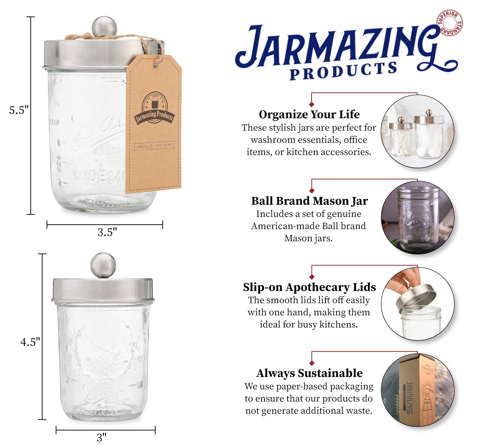 Jarmazing Apothecary Lid Storage Set with Ball Mason Jars - Farmhouse Home Decor for Vanity, Bathroom & Kitchen Organization - Stainless Steel 2-Pack - Perfect for Bath Essentials, Spice Storage & Office Supplies