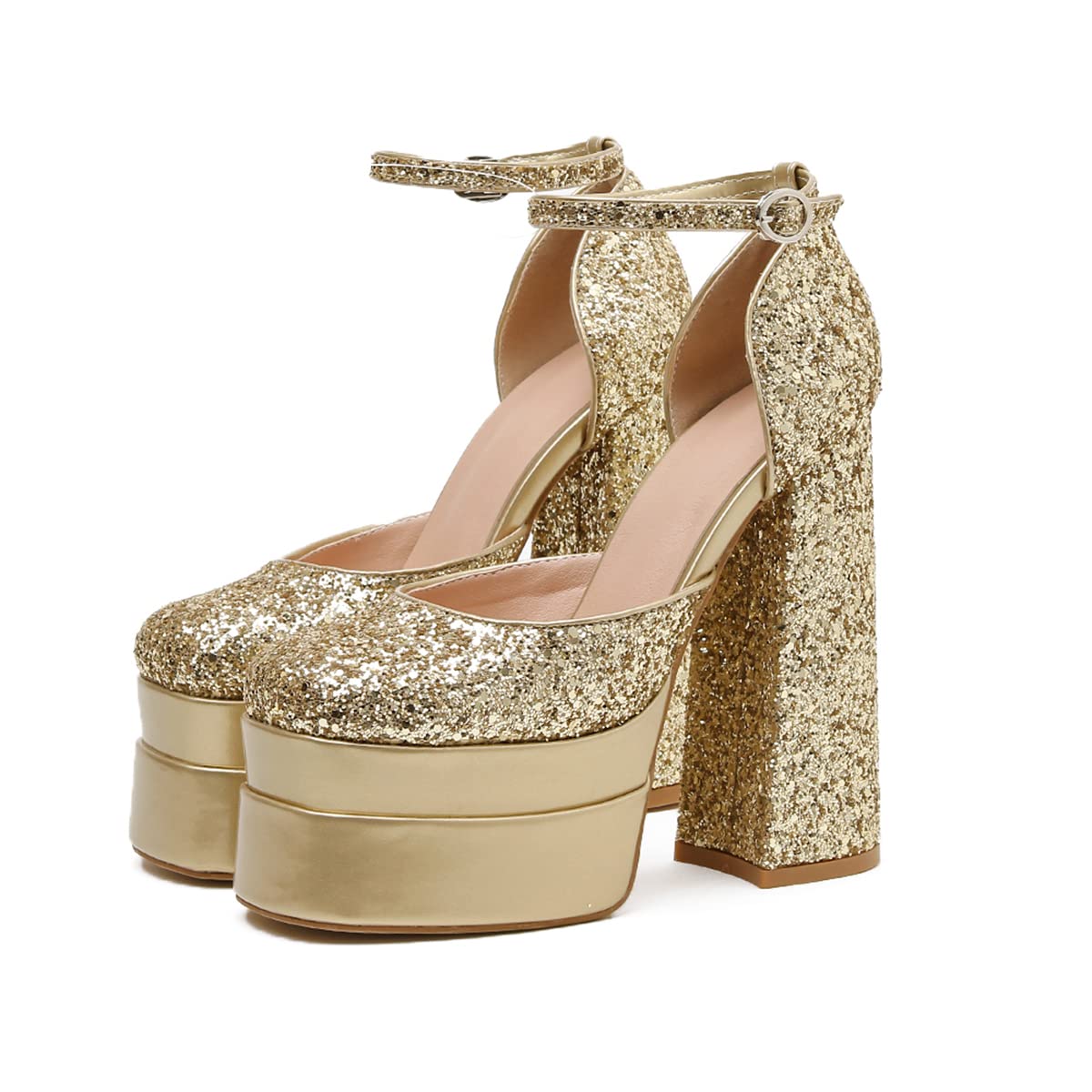 MissHeel Women's Glitter Platform Chunky Heel Pumps with Ankle Strap - Comfortable High Heels for Parties, Weddings & Night Out