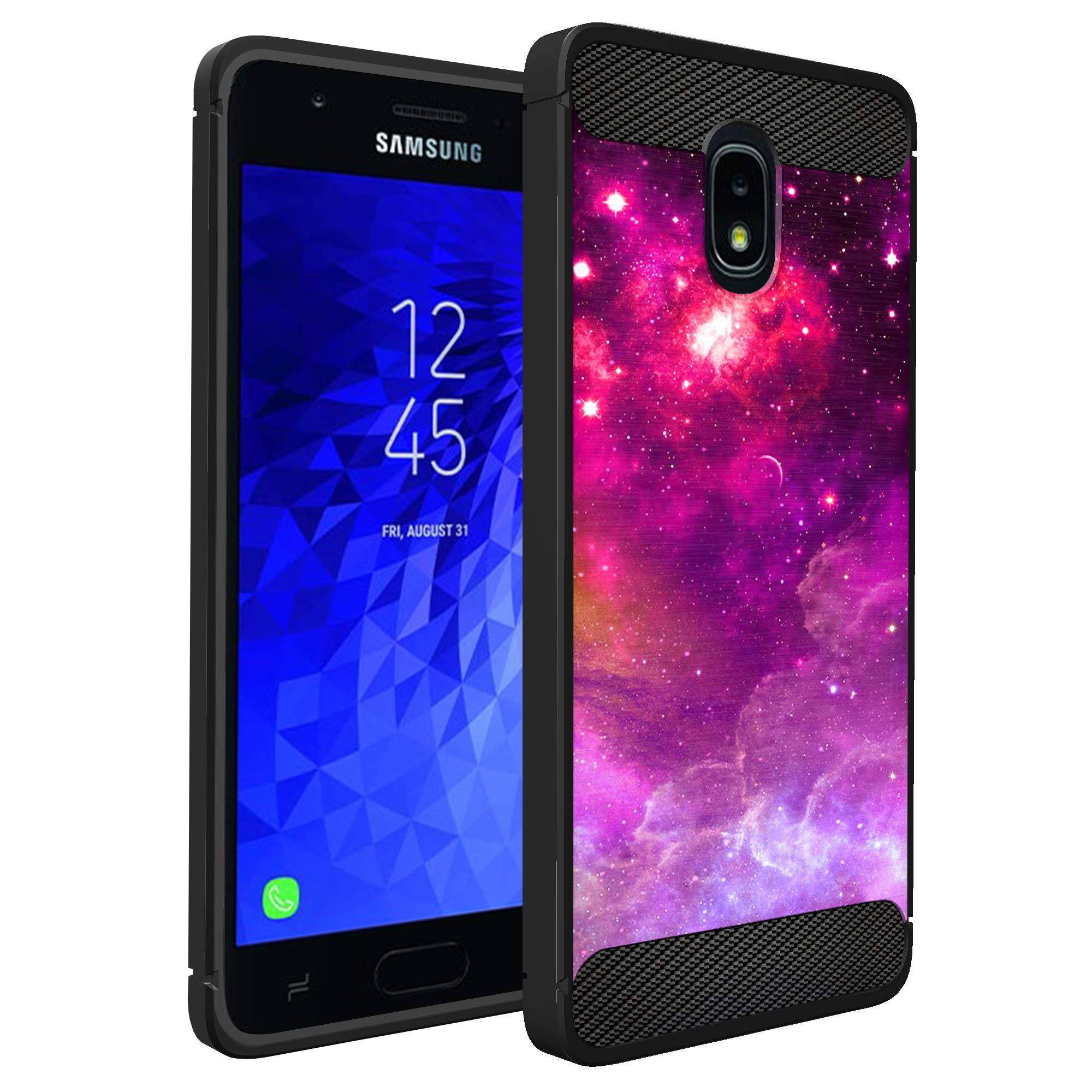 Slim Black TPU Case for Samsung J3 (2018) / J3 Star / J3 Achieve / Express Prime 3 / J3 Orbit / Amp Prime 3 - Shockproof Flexible Protective Phone Cover with Pink Galaxy Stars Design | Perfect for Everyday Use, Travel & Outdoor Activities