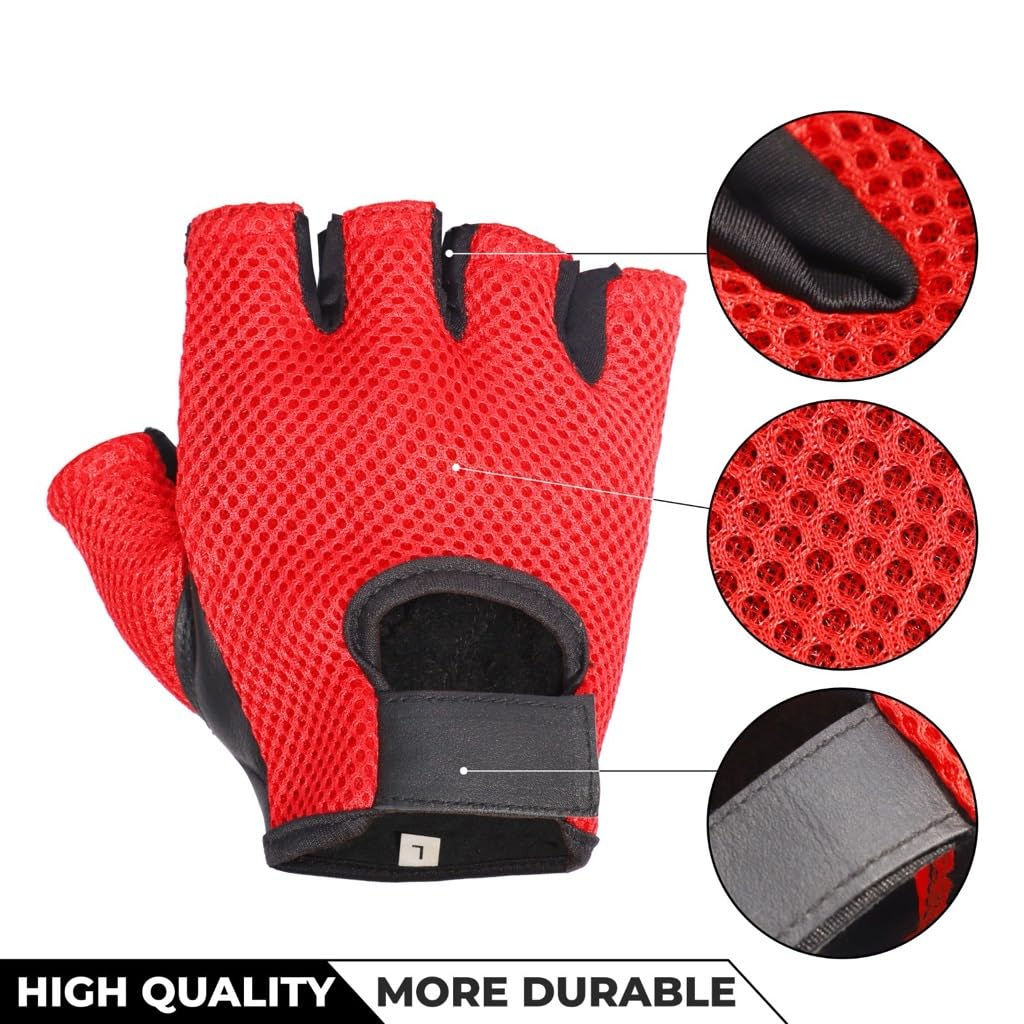 Prime Sports Leather & Mesh Fingerless Weight Lifting Gloves for Gym & Wheelchair Use - Breathable Workout Gloves for Cross Training, Powerlifting & Mobility Support (Black/Red, Model WLG-021)