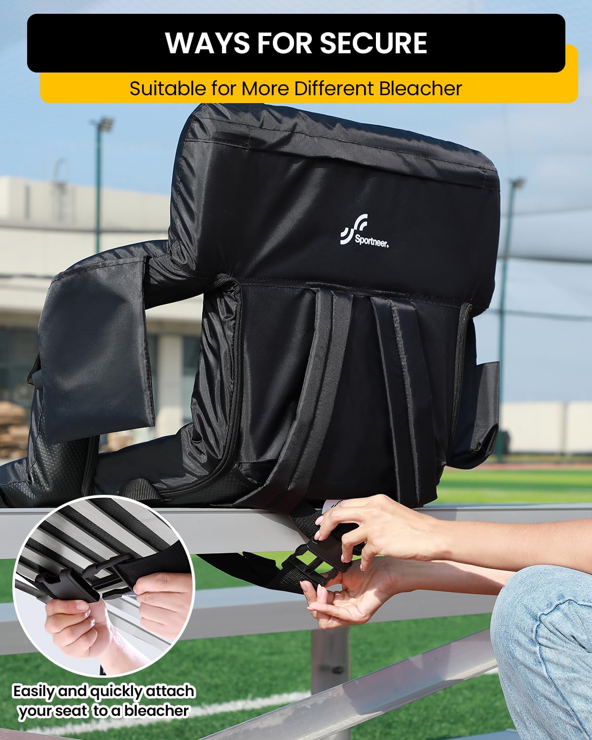 Sportneer Extra Wide Stadium Seats with Back Support - 2 Pack Padded Bleacher Chairs with Armrests & 6 Reclining Positions - Comfortable Folding Stadium Seating for Sports Events, Camping, Concerts & Outdoor Activities