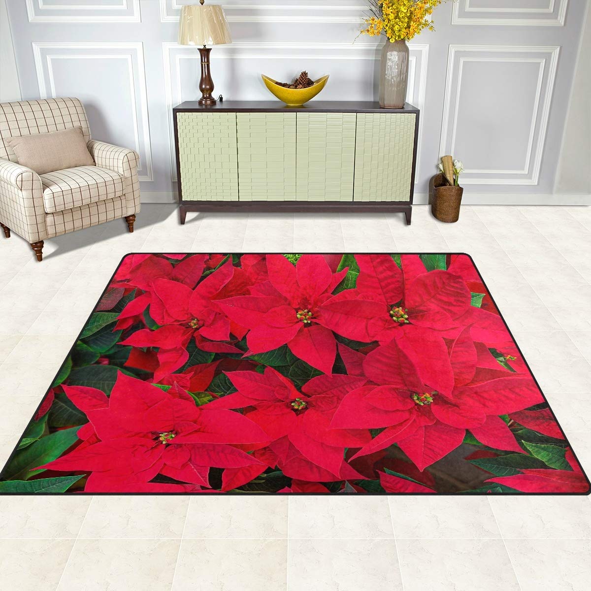 5x7 Christmas Area Rugs with Red Poinsettia Design - Large Holiday Rugs for Living Room & Bedroom - Festive Floor Mats with Poinsettia Plant Background - Perfect for Holiday Decorations, Parties & Winter Home Styling