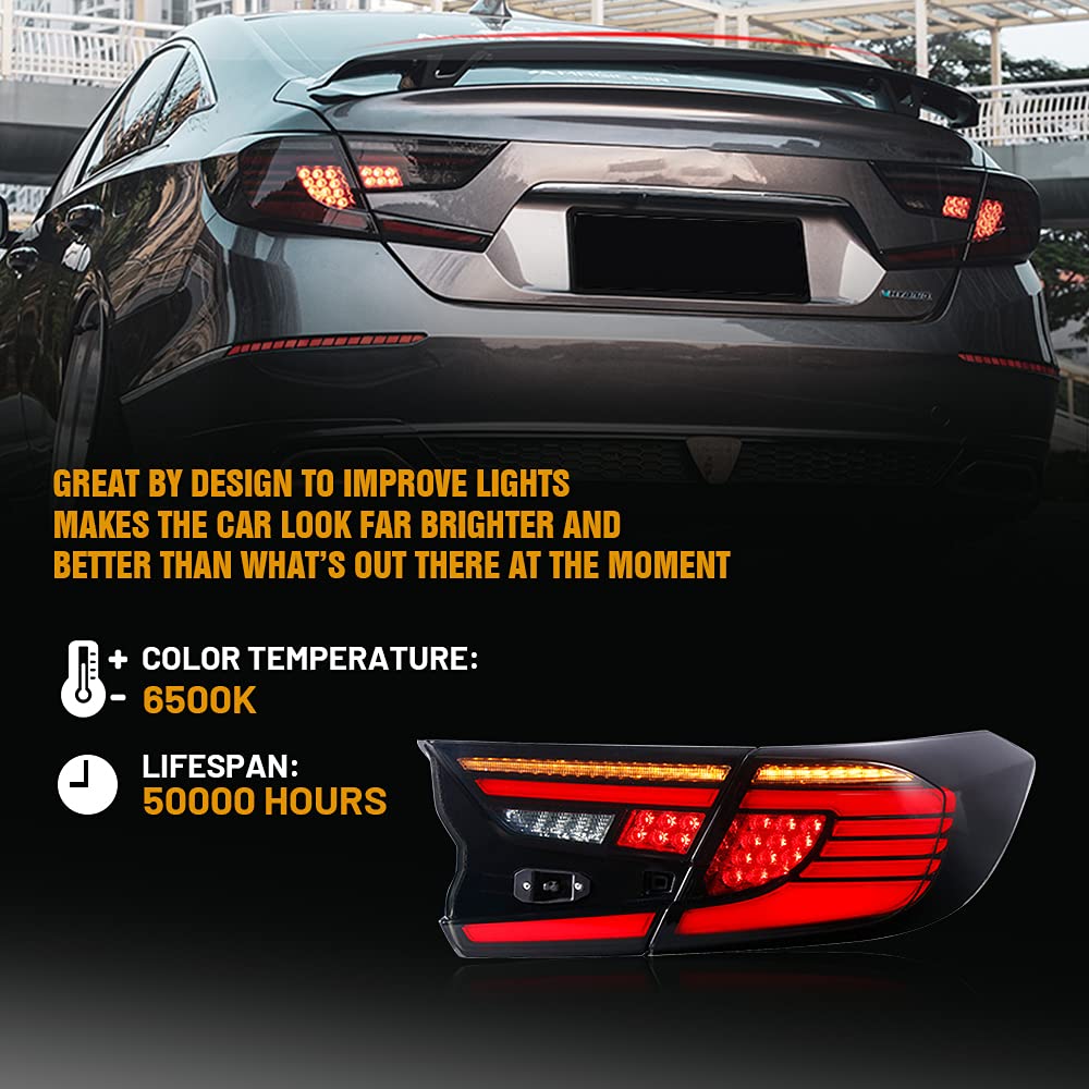 2018-2022 Honda Accord 10th Gen LED Taillights - Sequential Turn Signal Angel Wing Tail Light Assembly Replacement for EX/EX-L/LX/Sport/Touring/Hybrid Models | Enhanced Safety & Custom Style | Perfect for Night Driving & Car Modifications