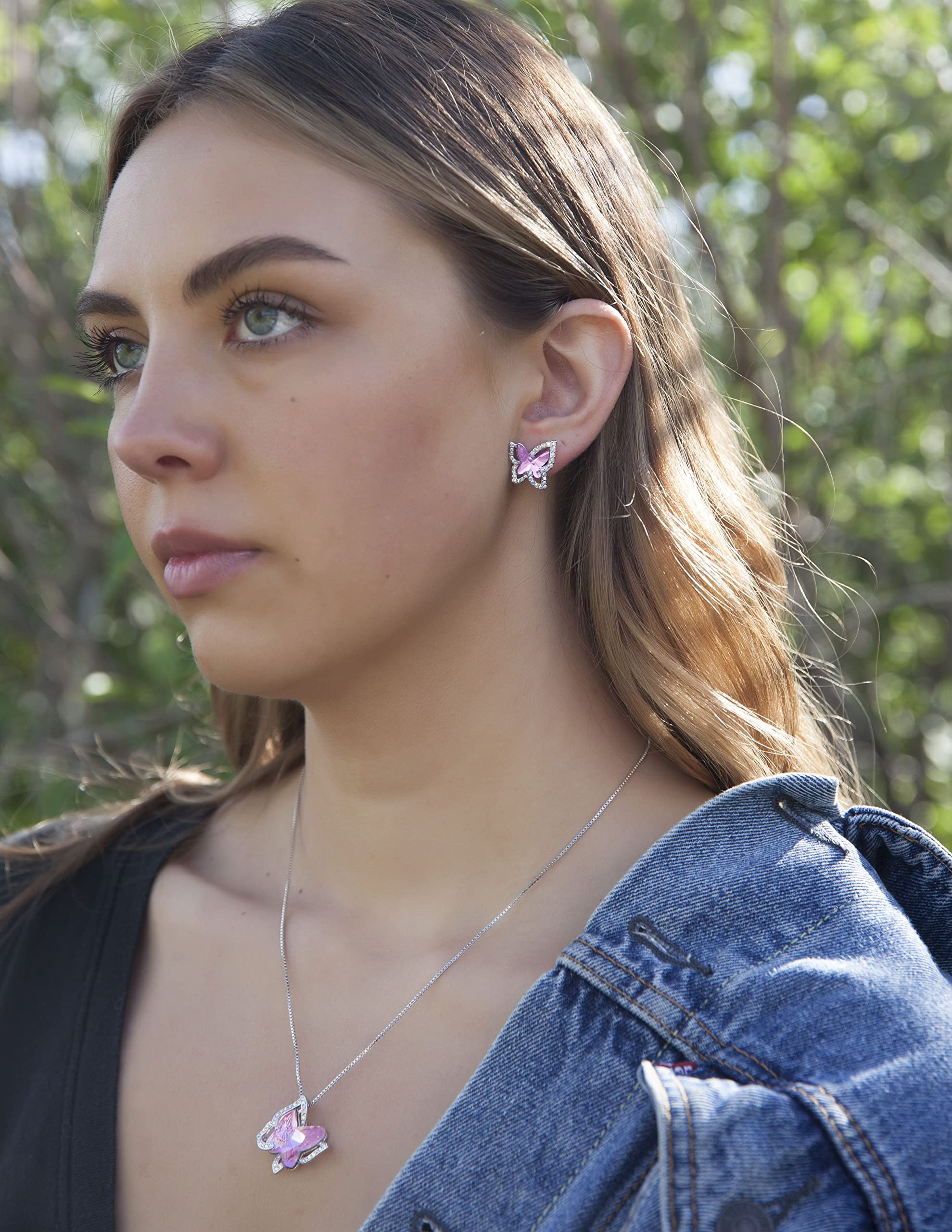 Butterfly Birthstone Crystal Necklace for Women - Sterling Silver Tone with 18