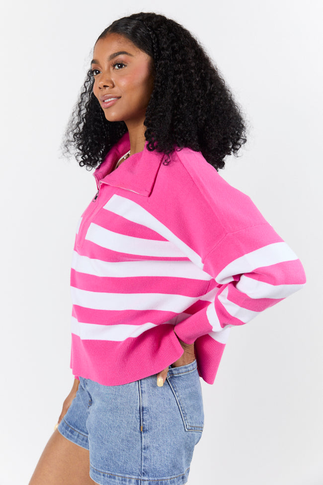 Stylish Pink Stripe Quarter Zip Pullover Sweater - Hip Length for Women | Perfect for Casual Outfits, Layering & Fall Fashion