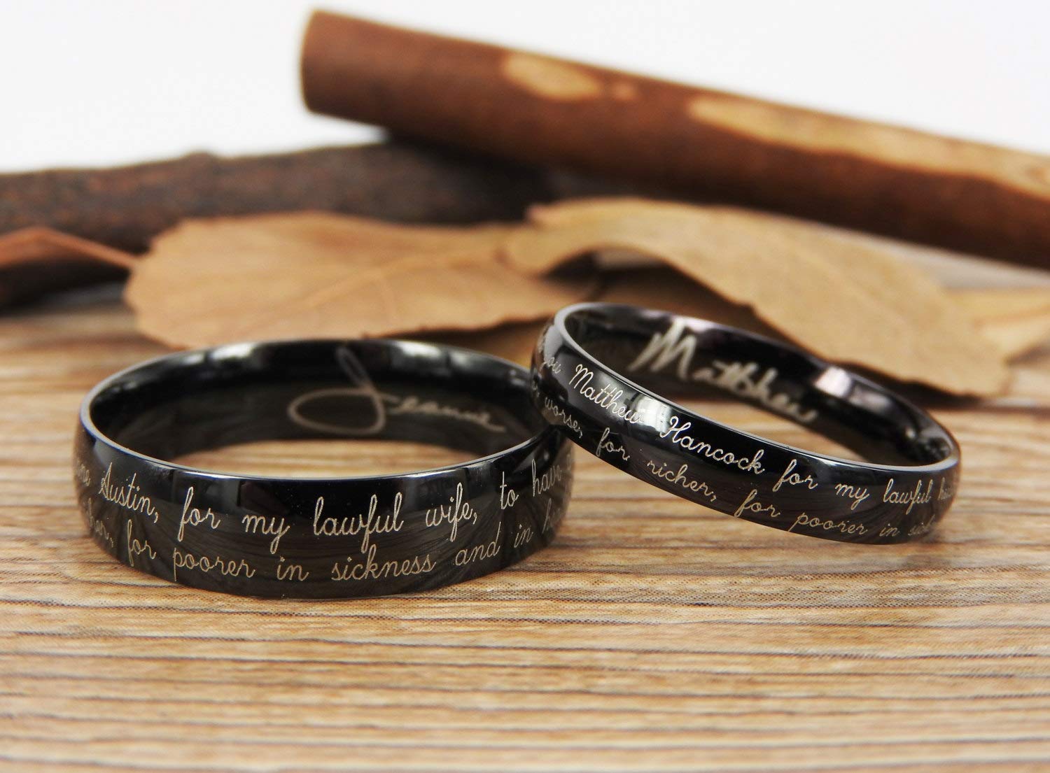 Personalized Handwriting & Initial Signature Rings - Custom Engraved Titanium Matching Wedding Bands Set for Couples - Perfect for Anniversaries, Engagements and Romantic Gifts
