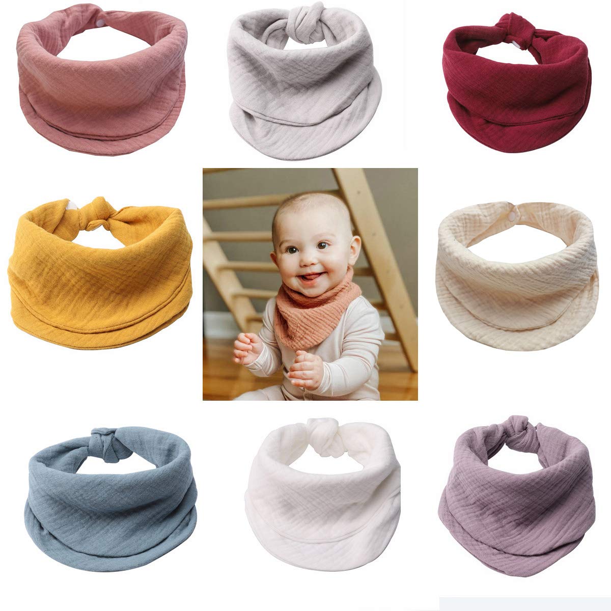 8 Pack Muslin Baby Bandana Bibs - Soft, Absorbent Drool Bibs for Boys & Girls with Adjustable Snaps | Unisex Newborn & Toddler Bibs for Drooling, Teething & Messy Meals (Solid Colors) - Perfect for Daycare, Travel & Everyday Use