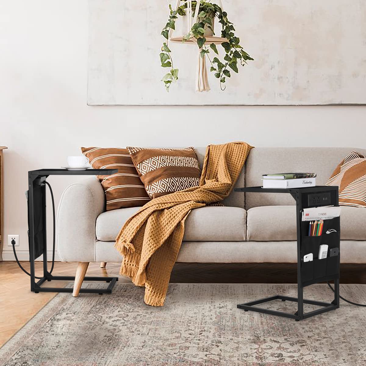 Set of 2 Modern C-Shaped End Tables with Built-in USB Charging Station - Snack Side Table, Sofa Sliding Table for Living Room & Bedroom - Space Saving Black Accent Furniture (Perfect for Small Spaces, Movie Nights & Remote Work)