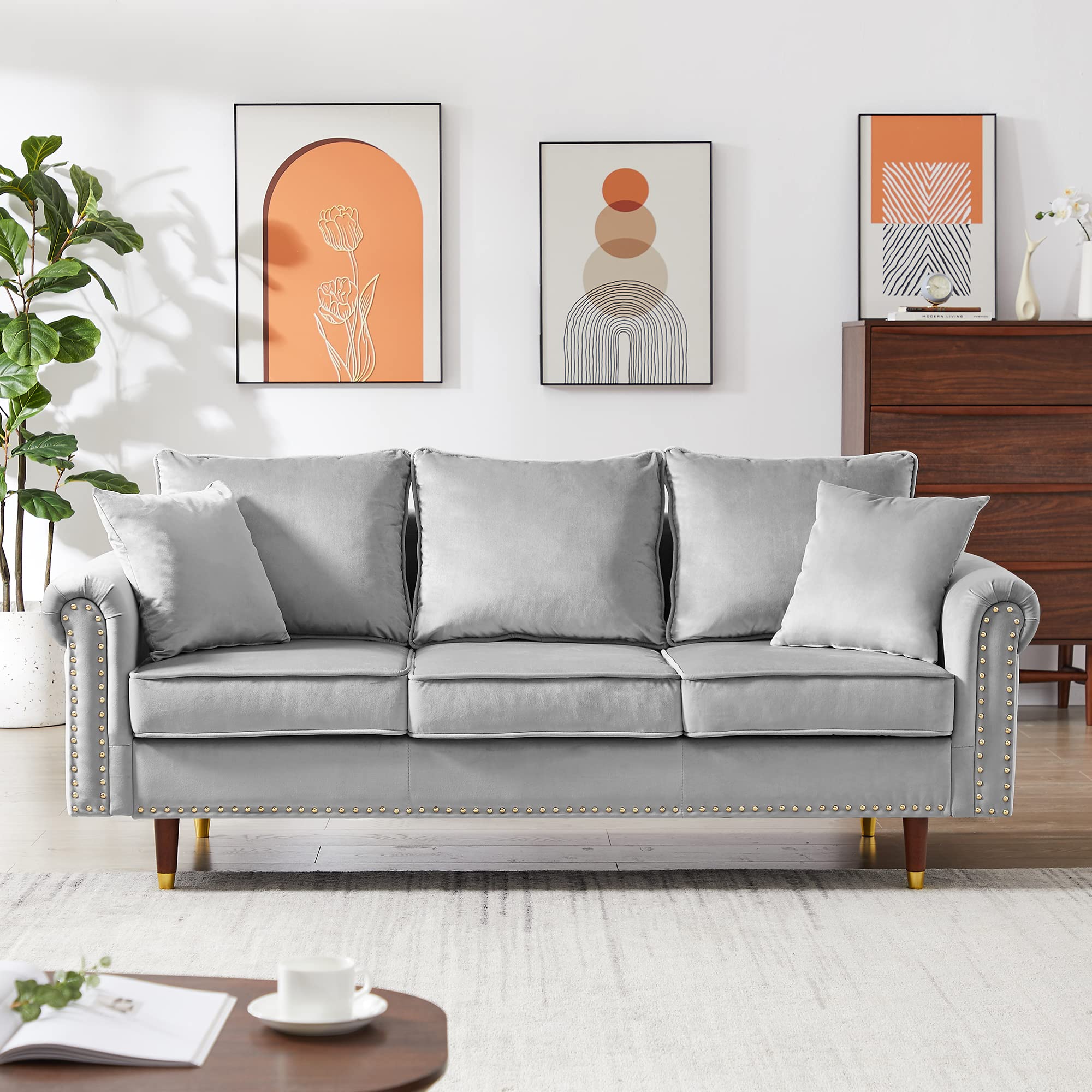 74-inch Mid Century Modern Velvet Sectional Sofa - 3 Seater Couch with Nail Trim Rolled Arms & 2 Throw Pillows - Grey Upholstered Living Room Furniture for Bedroom, Office & Apartment | Perfect for Small Spaces & Modern Home Decor