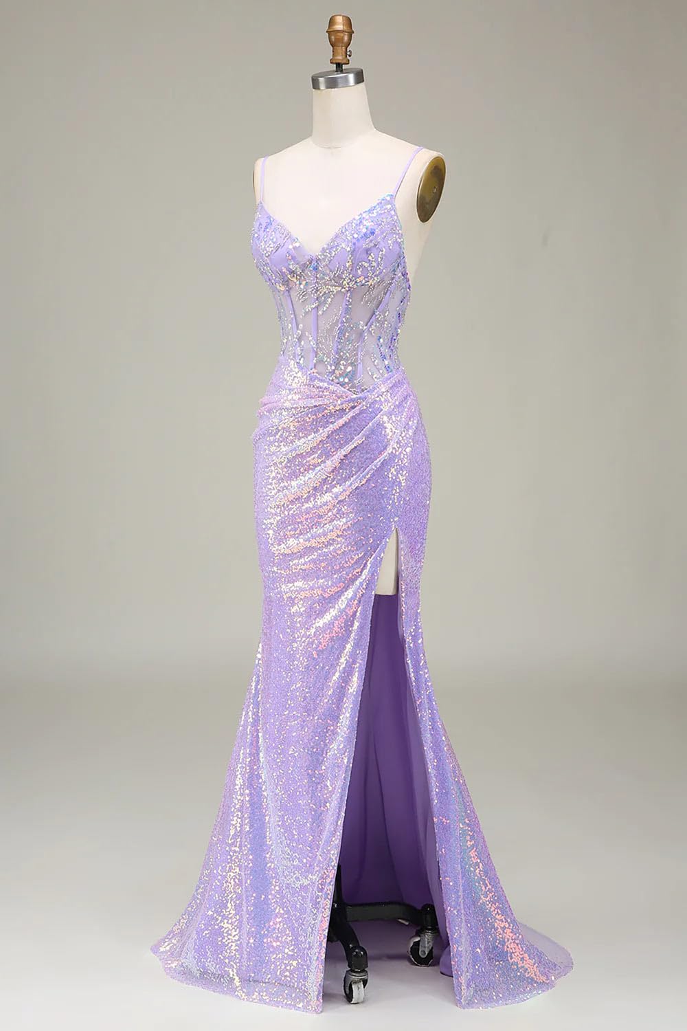 Elegant Light Purple Mermaid Prom Dress for Women - Sparkly Corset Formal Evening Gown with High Slit | Handmade Custom Party Dress for Homecoming, Wedding & Special Occasions
