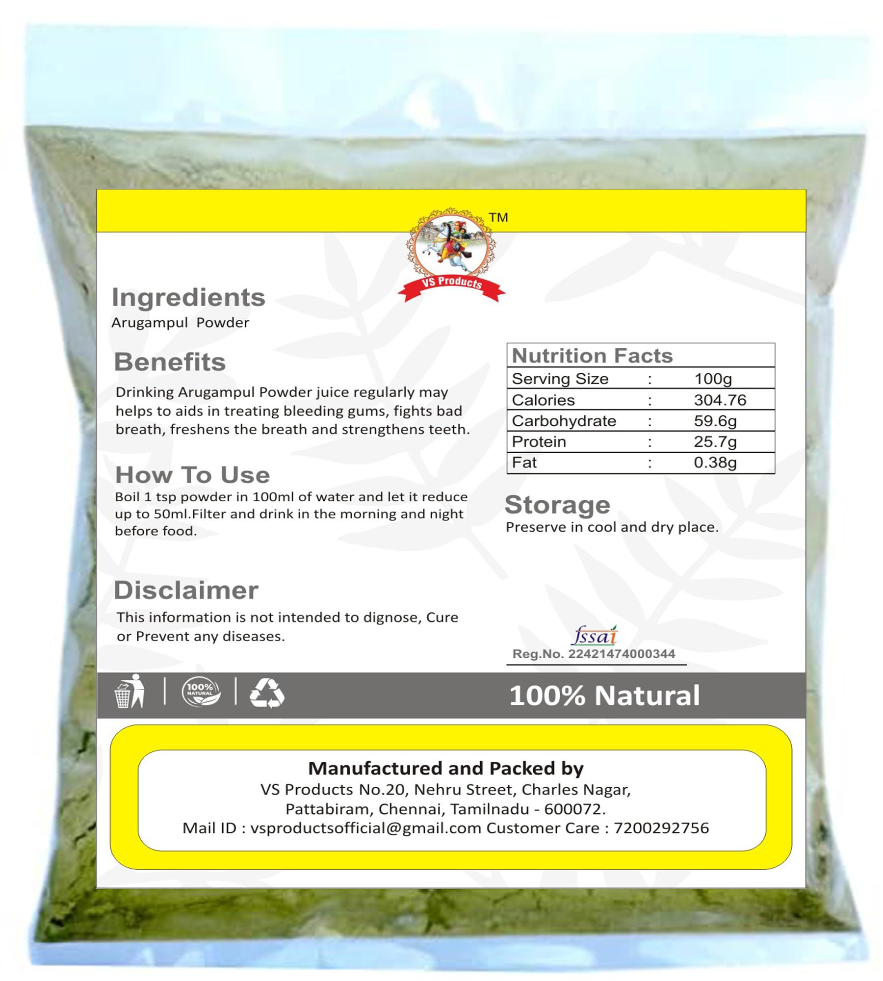 VS Products Arugampul Powder - 600g (Pack of 6 x 100g) | Bermuda Grass, Bahama Grass, Indian Doab, Doob Grass Powder | Natural Herbal Supplement for Hair Growth & Skin Care | Perfect for DIY Beauty Treatments & Ayurvedic Remedies