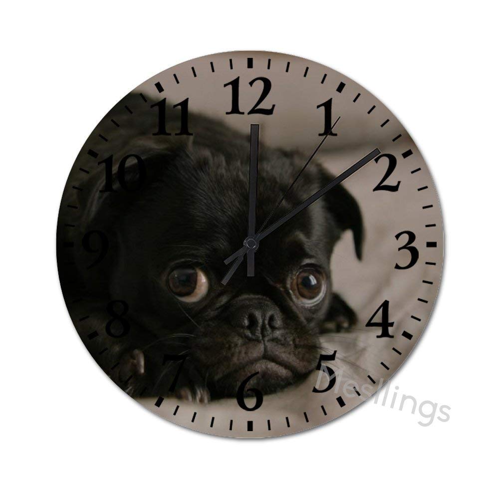 Black Pug Puppy Round Wooden Wall Clock - Vintage Home Decor for Kitchen, Office & Living Room - Silent Non-Ticking Hanging Clock - Perfect Gift for Dog Lovers & Home Decoration