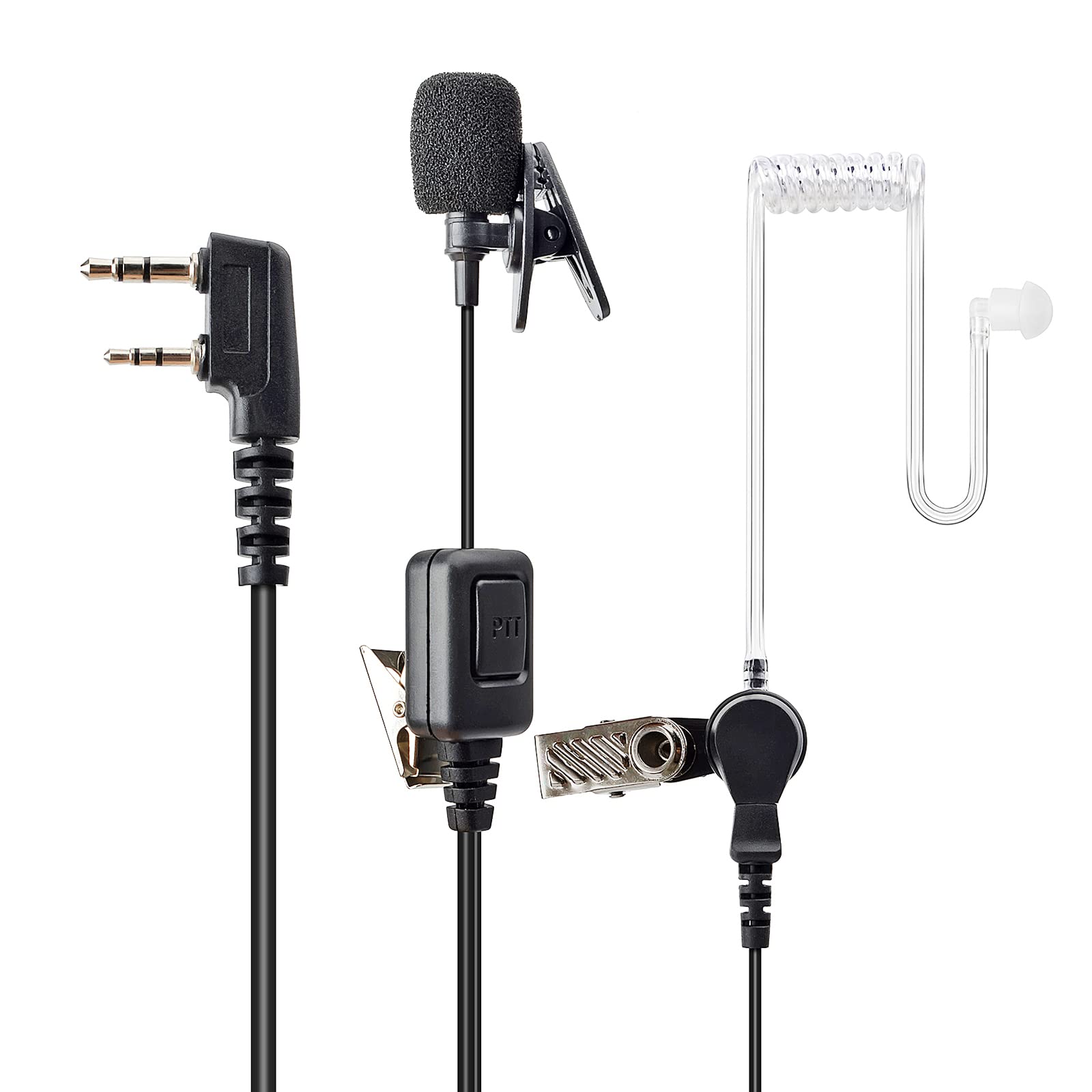 Universal 2 Pin Walkie Talkie Earpiece with Mic - Push to Talk (PTT) Acoustic Tube Headset for Baofeng UV-5R, Retevis, Kenwood, Puxing & Wouxun 2 Way Radios (Pack of 2) - Ideal for Security, Construction & Outdoor Adventures