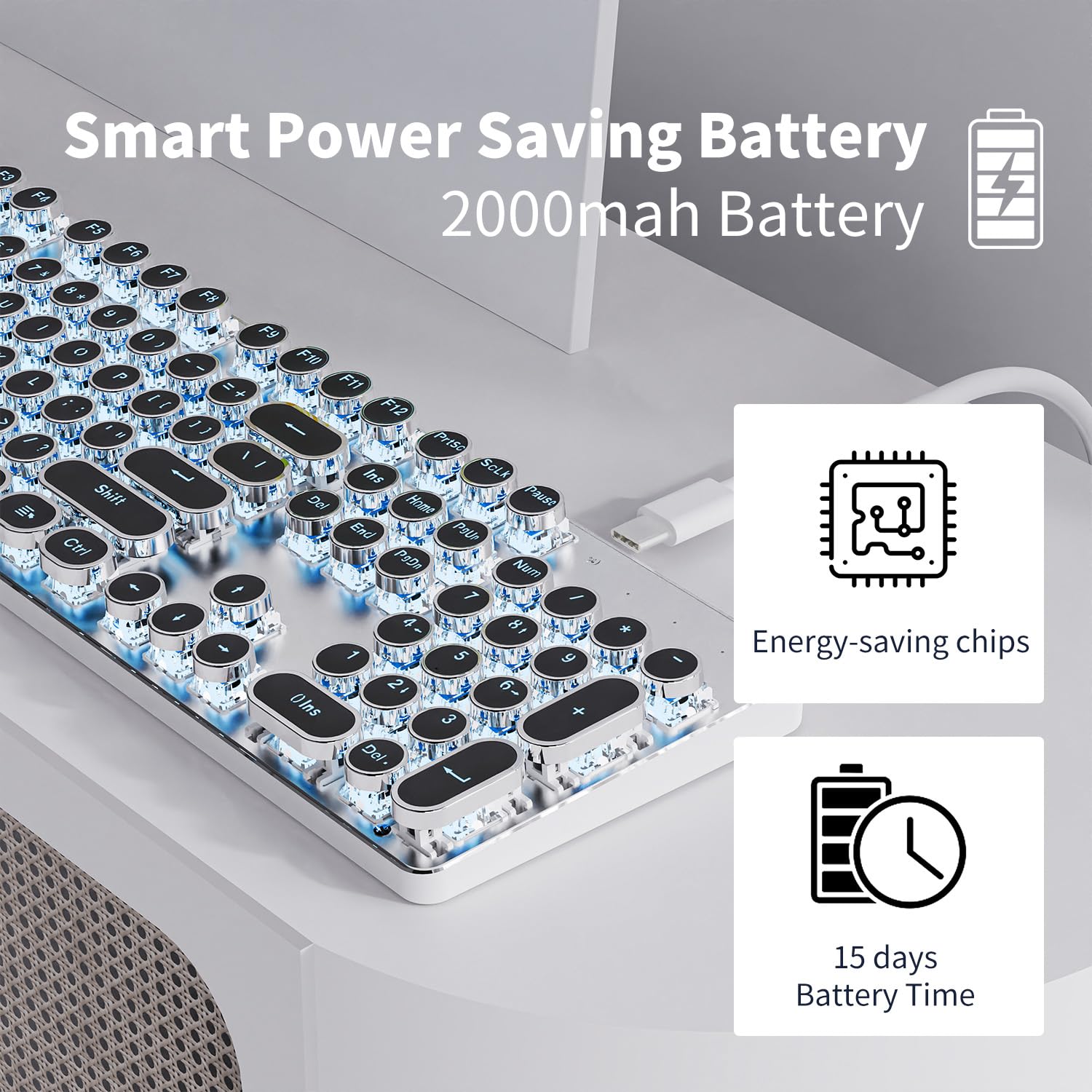 EWEADN TK950 Wireless Mechanical Keyboard - 104 Keys Retro Typewriter Design with Blue Backlit, Anti-Ghosting, Blue Switch (Bluetooth/2.4GHz/Wired) - Perfect for Typing, Gaming & Office Work - Black