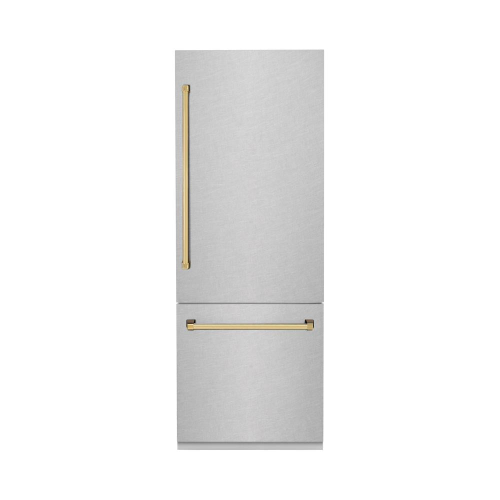 ZLINE Autograph Edition 30-Inch Built-In Bottom Freezer Refrigerator - 16.1 cu. ft. Capacity, Water Dispenser & Ice Maker - Satin Stainless Steel with Polished Gold Accents (RBIVZ SN 30 G) - Perfect for Modern Kitchens & Luxury Homes