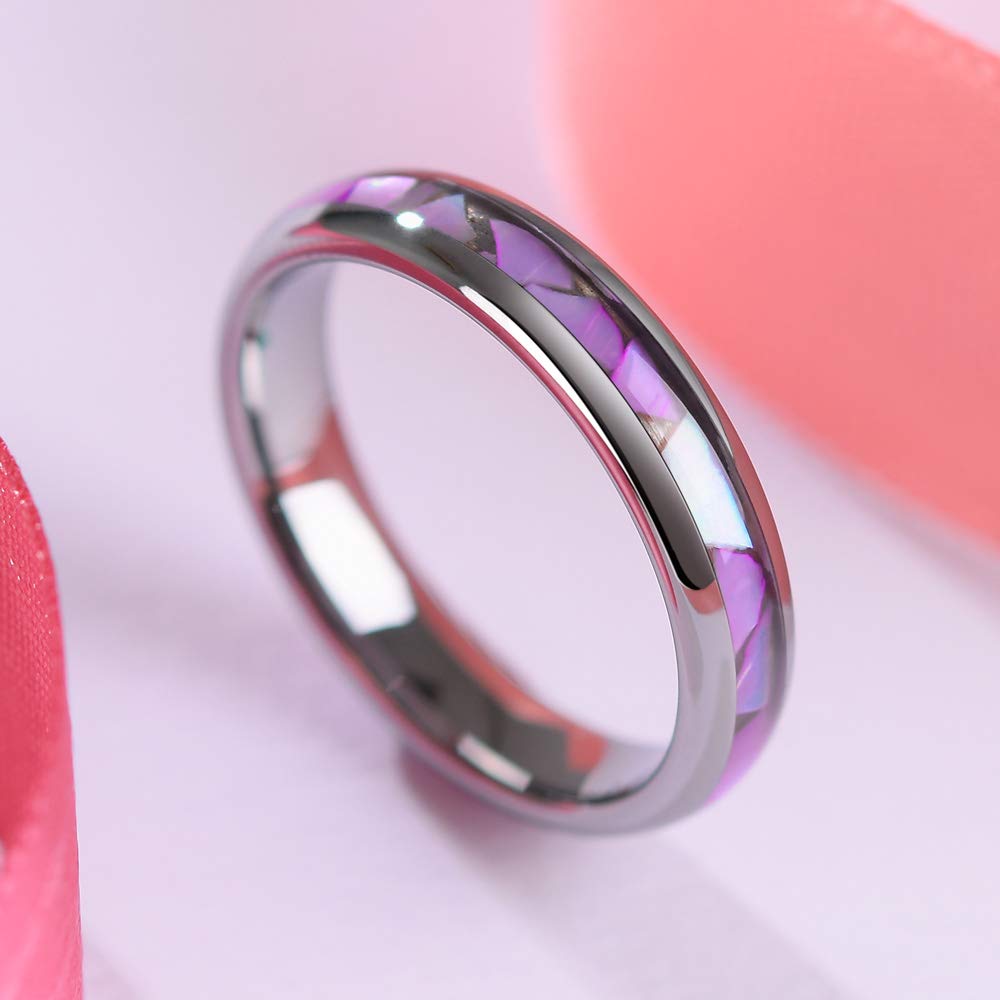 THREE KEYS JEWELRY 4mm Tungsten Wedding Band for Women - Purple Shell Inlaid Engagement Ring, Durable & Hypoallergenic Jewelry for Brides, Anniversaries & Special Occasions