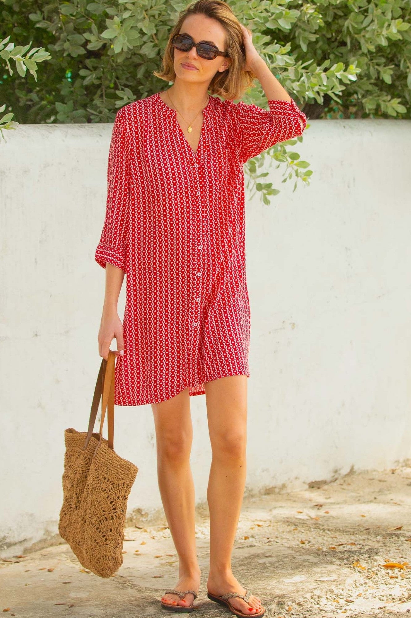Mila Shirt Tunic for Women - Santorini Red & White Floral Print Summer Blouse | Perfect for Beach Vacations, Date Nights & Office Wear