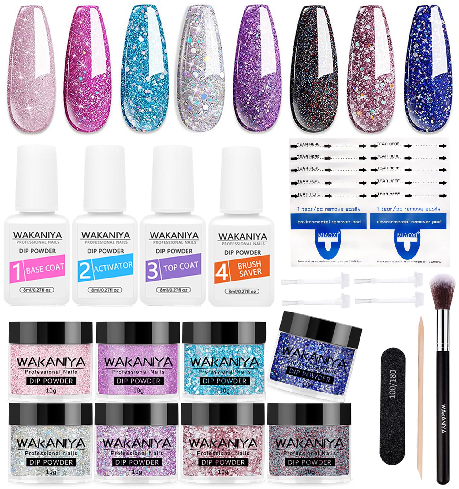 Wakaniya Dip Powder Nail Kit - 8 Colors Glitter Purple Galaxy Nail Powder Set with Base & Top Coat, Nail Remover Pads | Complete Starter Kit for Beginners | Perfect for Home Manicures, Salon-Quality Nails & DIY Nail Art