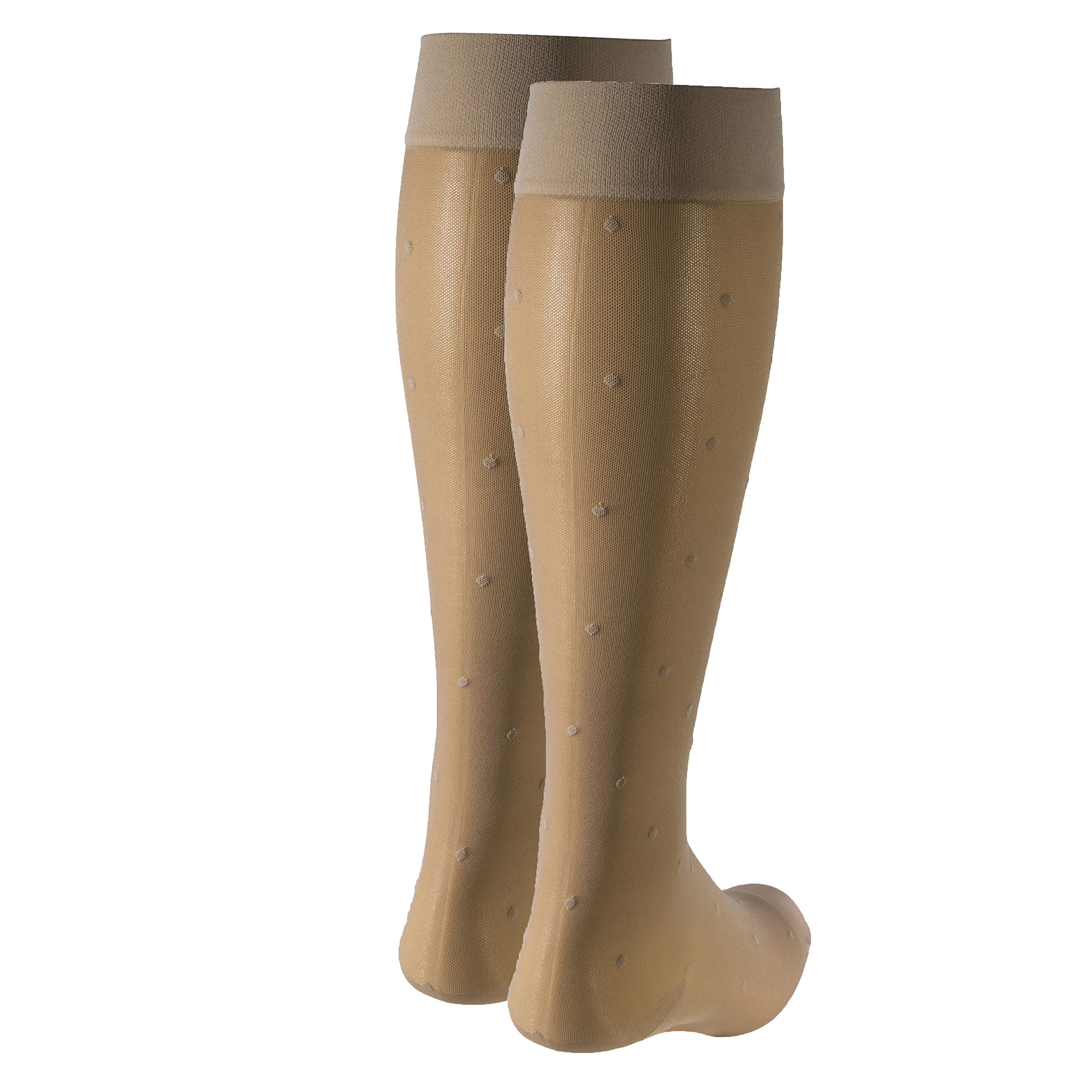 Truform Sheer Compression Stockings 15-20 mmHg - Women's Knee High Support Socks with Dot Pattern in Nude (Large) - Perfect for Travel, Work & Varicose Vein Relief