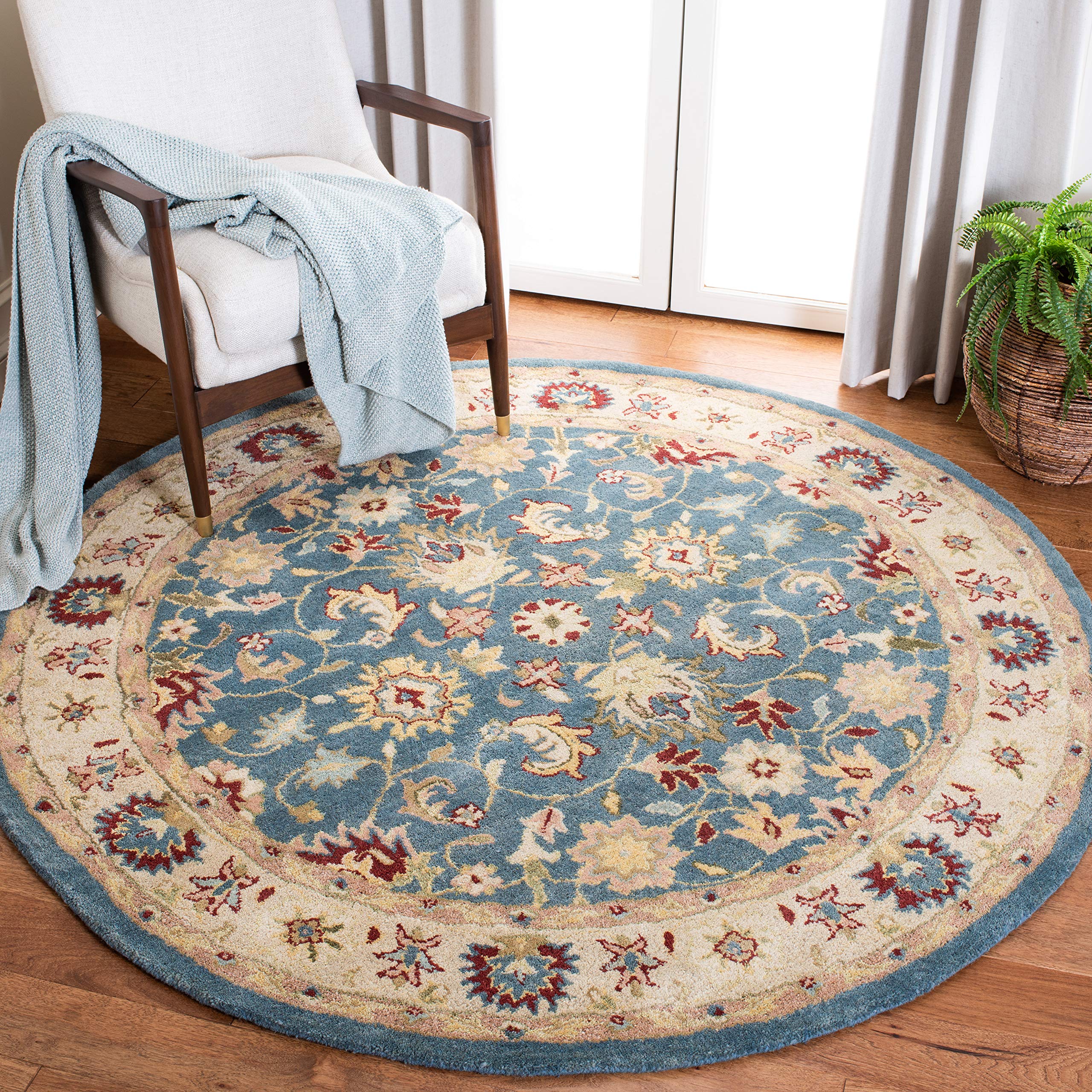 SAFAVIEH Antiquity Collection 8' Round Blue Beige Oriental Wool Area Rug - Handmade Traditional Premium Rug for Living Room, Bedroom & Dining Room Decor
