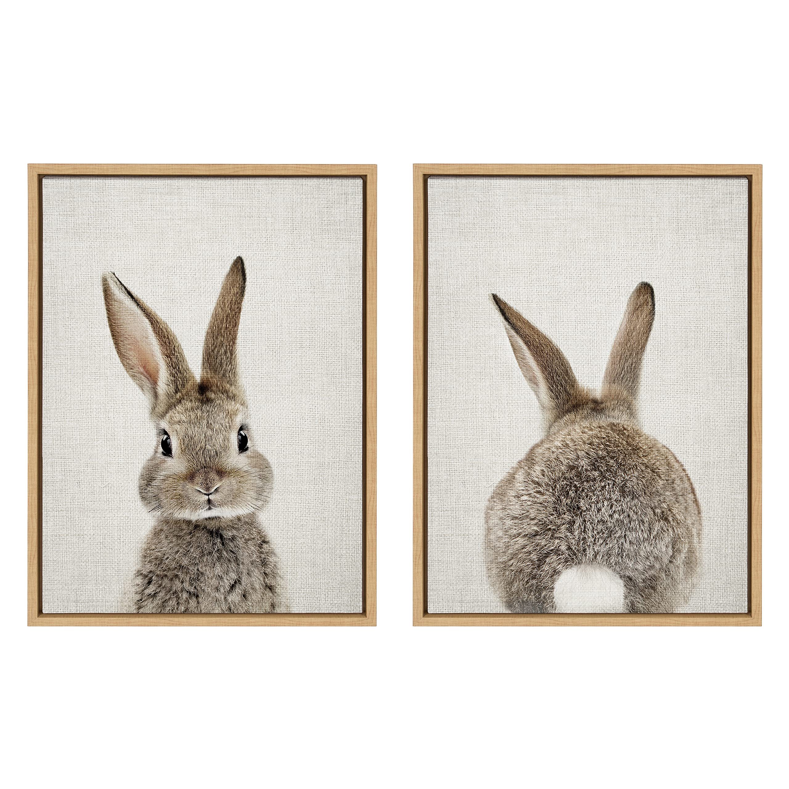 Cute Bunny Wall Art - Amy Peterson Framed Canvas Painting, 18x24 Inches, Natural Wood Frame - Perfect for Nursery, Kids Room & Farmhouse Decor | Adorable Baby Animal Portrait with Bunny Tail Details