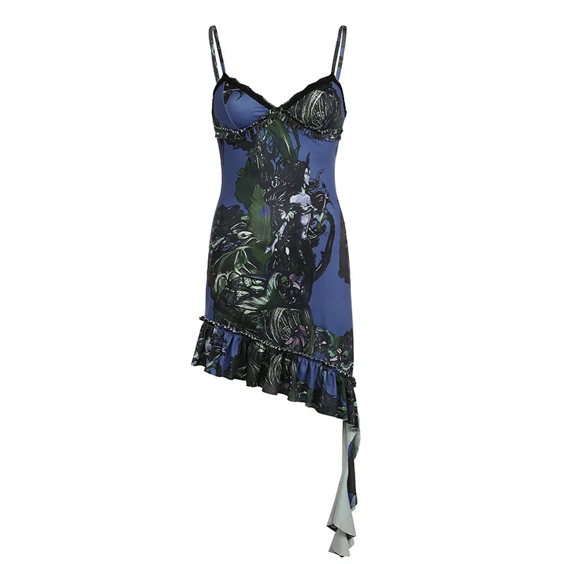 Y2K Asymmetrical Strap Bodycon Mini Dress for Women - Sexy Graphic Print Ruched Ruffles Party Dress, Grunge Fairycore Sundress for Clubbing, Date Night & Summer Outfits