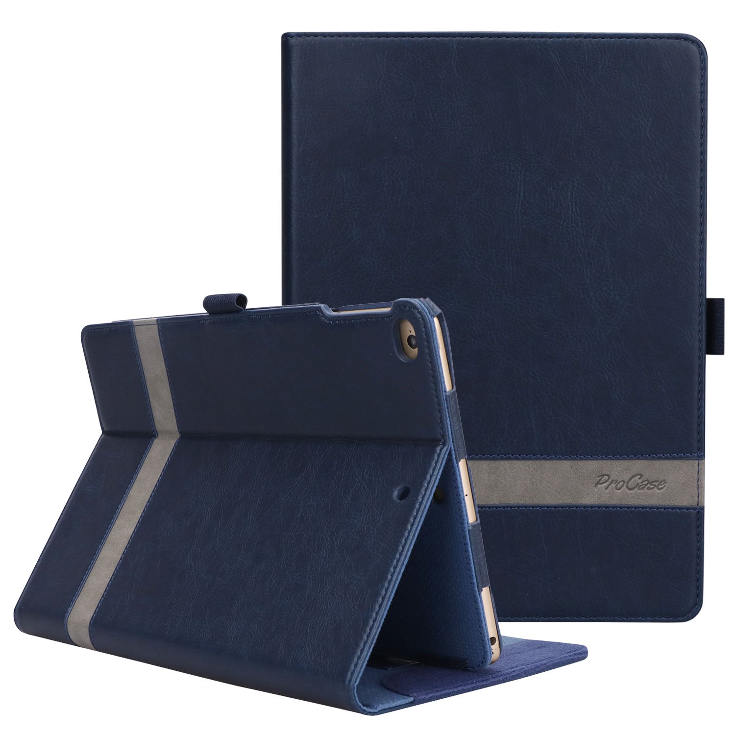 Premium Leather Folio Case for iPad 9.7 (2018/2017), iPad Air 2 & iPad Air - Multi-Angle Stand Cover with Auto Sleep/Wake | Perfect for Work, Study & Travel - Navy Blue