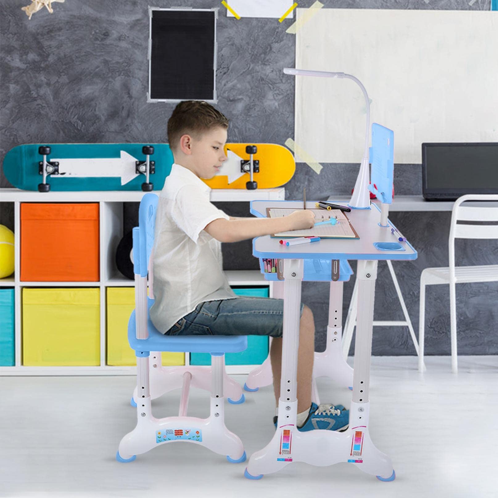 Adjustable Kids Desk and Chair Set with Large Desktop, Storage Drawer & Reading Rack - Ergonomic Study Table for Boys & Girls - Perfect for Homeschooling, Online Learning & Homework (Blue)