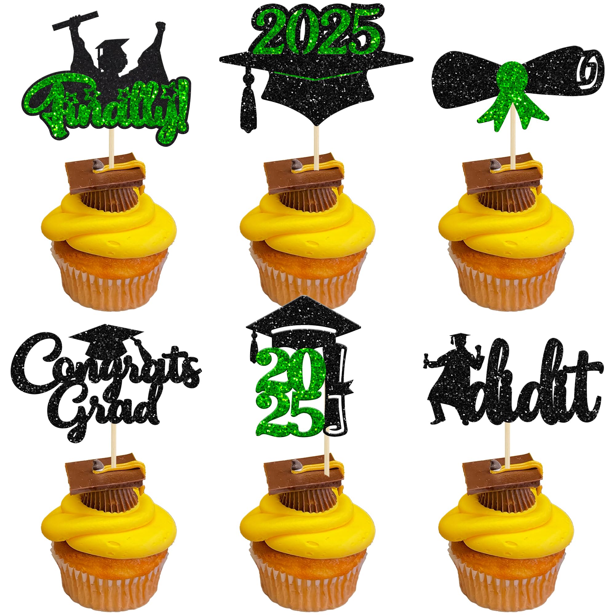 24Pcs 2025 Graduation Cupcake Toppers - Glitter Class of 2025 Diploma Cake Decorations - Congrats Grad Cap Picks for Graduation Party Supplies (Green) | Perfect for High School & College Graduation Celebrations, Birthday Cakes, and Dessert Decorations