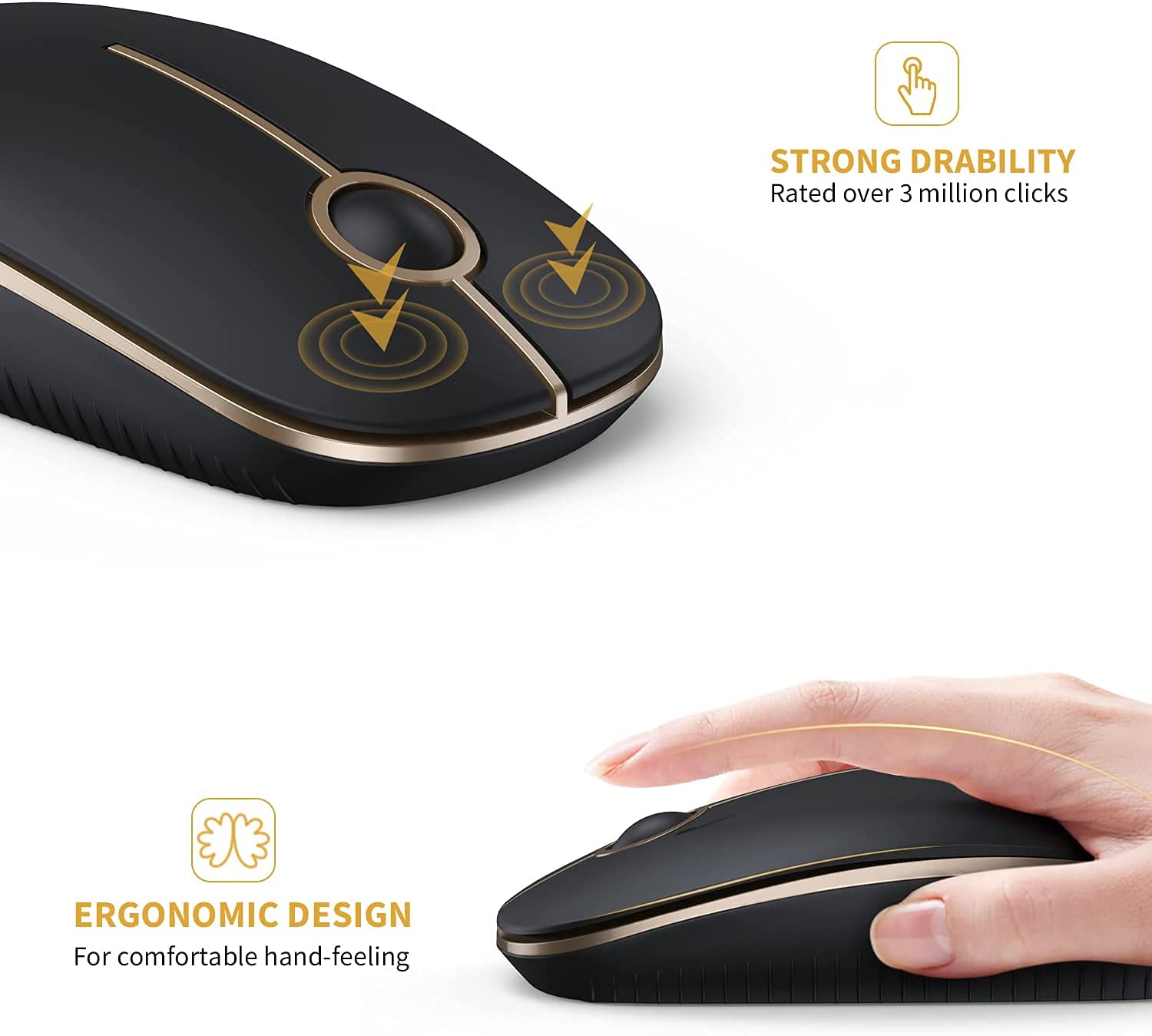 Vssoplor 2.4G Wireless Mouse Slim Portable Computer Mouse with Nano Receiver for Laptop, PC, Notebook - Gold & Black | Ergonomic Design for Office Work, Gaming & Home Use