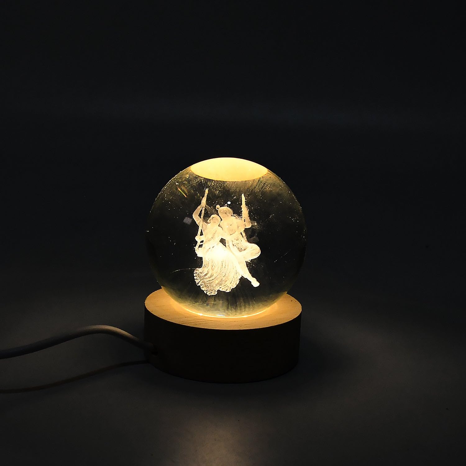 Oblivion 3D Crystal Ball LED Lamp with Radhakrishna Engraved Base - USB Powered Wooden Night Light for Home, Office Desk & Meditation Room Decor - Perfect for Yoga, Spiritual Gifts & Relaxation