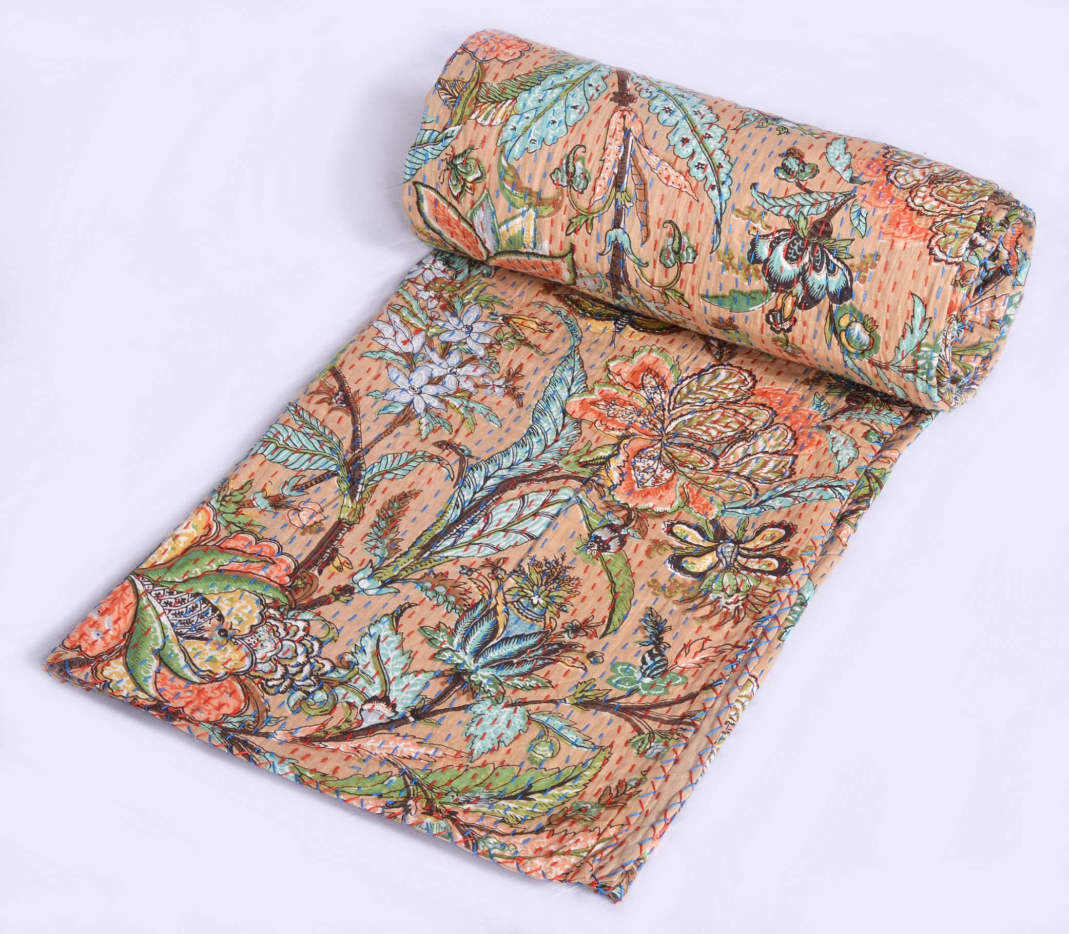 Vintage Indian Floral Printed Cotton Kantha Quilt - Soft Throw Blanket & Bedspread for Cozy Home Decor | Perfect for Sofa, Bed & Gift Giving
