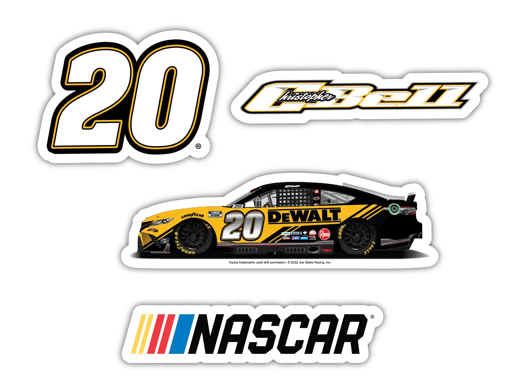 Christopher Bell #20 NASCAR Cup Series 4-Pack Laser Cut Decals - Perfect for Cars, Laptops, Windows & Fan Merchandise