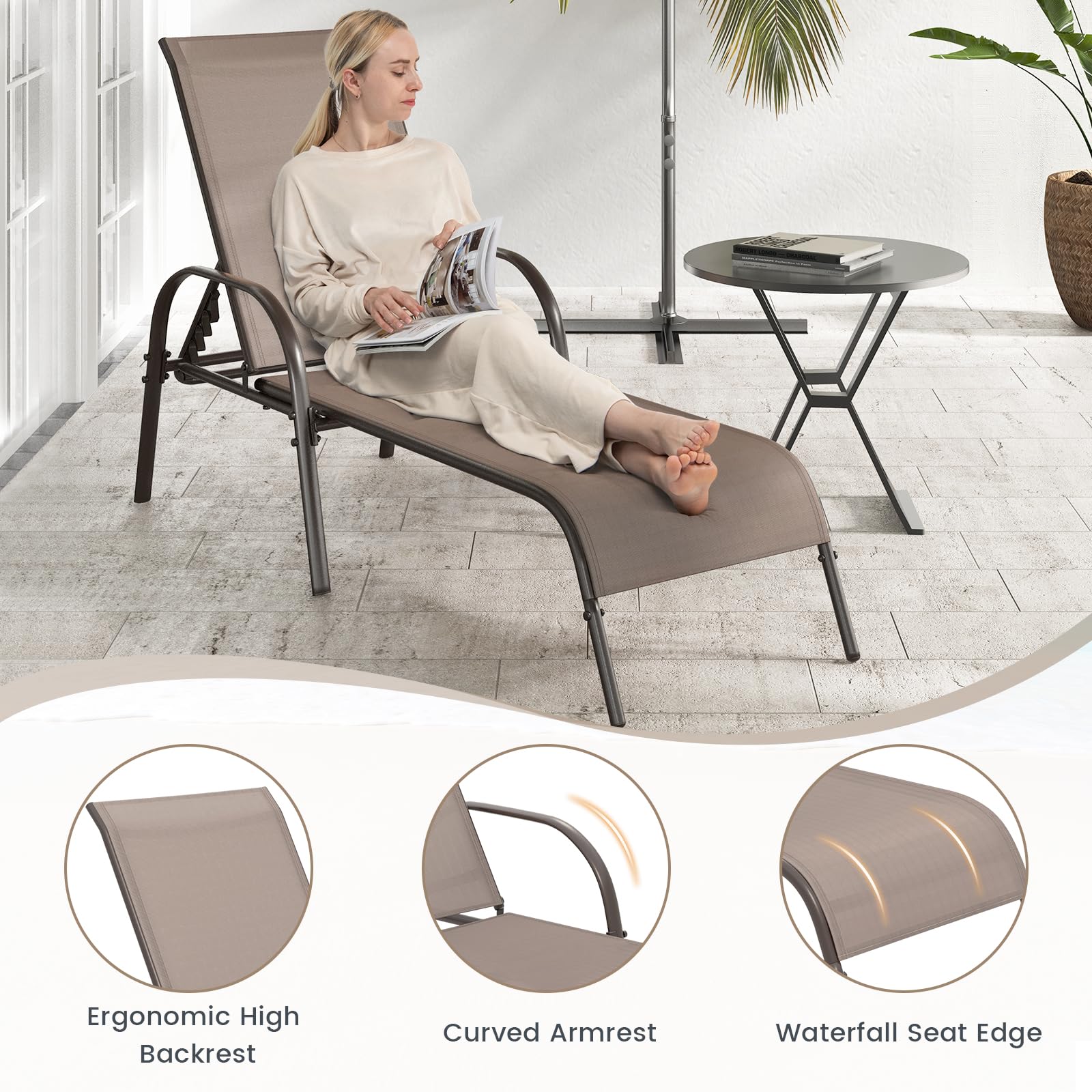 Giantex Adjustable Patio Lounge Chair - 5-Position Reclining Outdoor Chaise Lounge with Sturdy Steel Frame - Perfect for Sunbathing, Beach, Poolside, Backyard & Balcony Relaxation - Weather-Resistant Brown Outdoor Furniture
